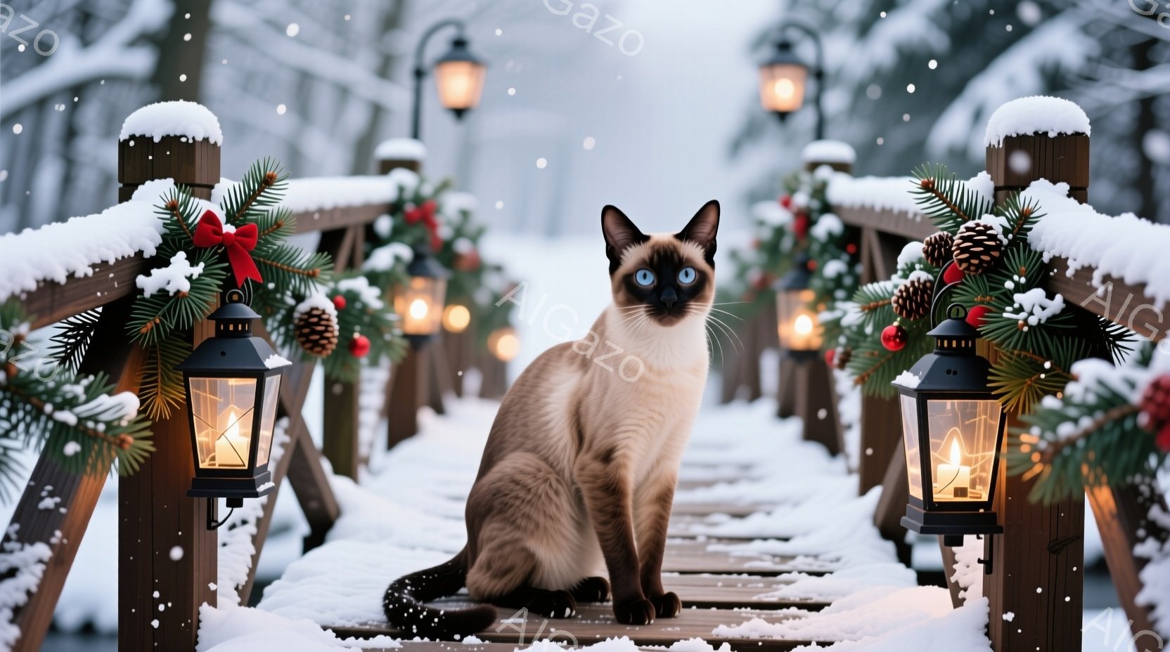 シナモン色の毛並みを持つシャム猫が、雪に覆われた木製の橋の上に座ってこちらを見つめています。橋の欄干には、松ぼっくりや赤い実で飾られたクリスマス装飾が施され、周りには雪が舞っています。背景はぼやけてい - AI生成フリー素材