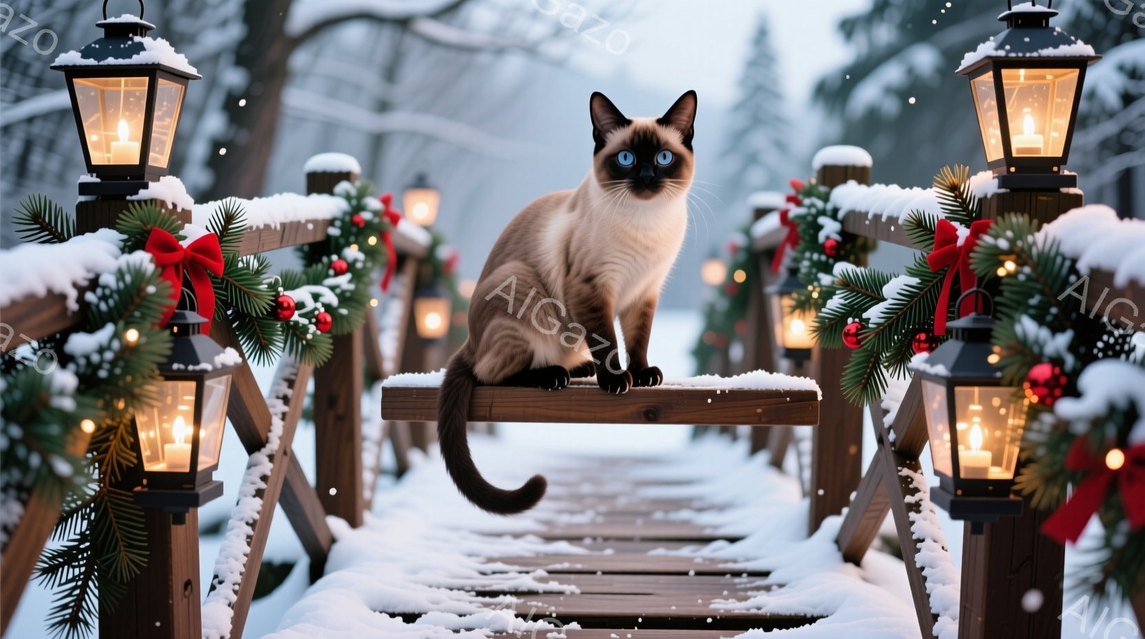 シベリアンブルーのポイントを持つ美しいシャム猫が、雪に覆われた木製の橋の上で優雅に座っています。橋の欄干には、赤い実と緑の葉で飾られたクリスマスリースが飾られており、周囲には点灯されたランタンが並び、幻想的な冬の雰囲気を醸し出しています。雪が舞い散る背景と、猫の澄んだブルーの瞳が、穏やかで神秘的な印象を与えます。