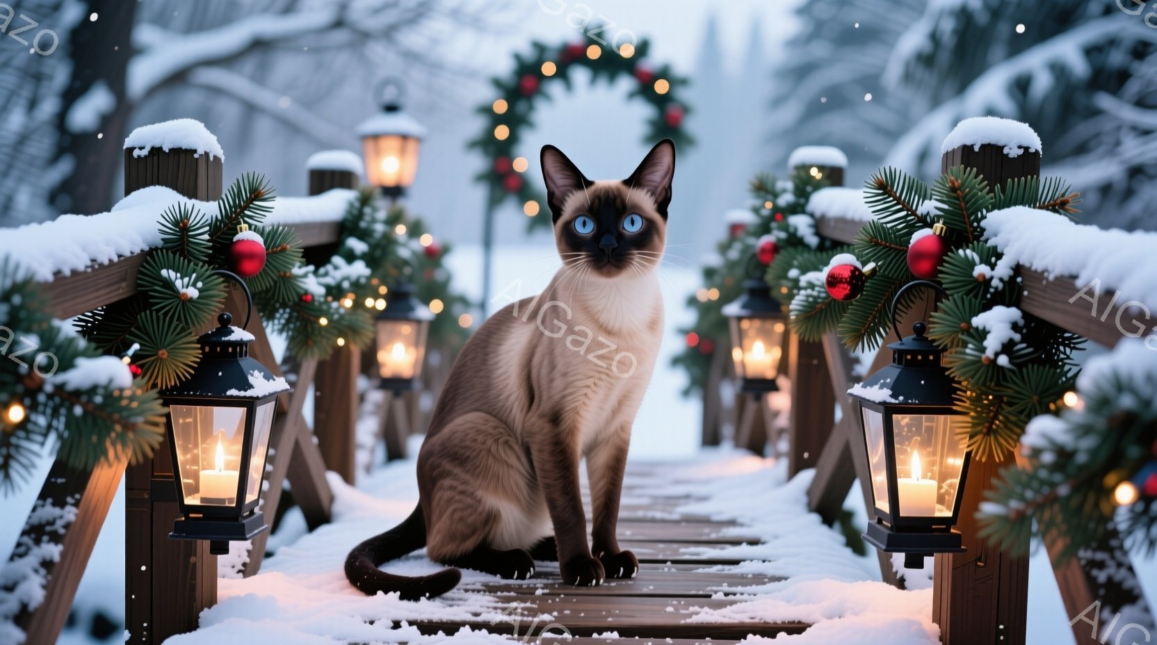 シベリアンブルーの瞳を持つクリーム色のシャム猫が、雪に覆われた木の板の道に座っています。背景には、クリスマスツリーの葉と赤い飾りで飾られたアーチがあり、点灯したランタンが両側に並んでいます。雪が舞う冬の夜の、幻想的で穏やかな雰囲気です。