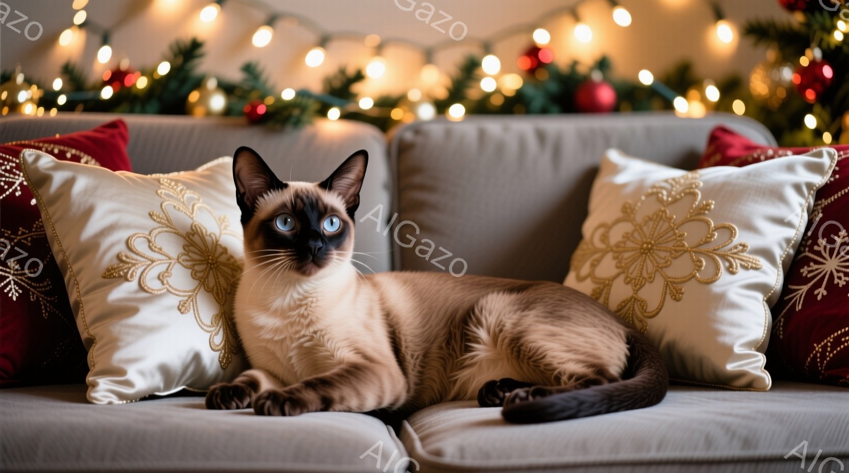 シーマル猫がクリーム色のソファに横たわっており、落ち着いた表情で正面を見つめている。背景には、クリスマスツリーの緑とカラフルな電飾がぼんやりと見え、暖かく華やかな雰囲気が漂っている。白と赤の装飾が施されたクッションが猫の周りを囲み、リラックスした冬のひとときを演出している。