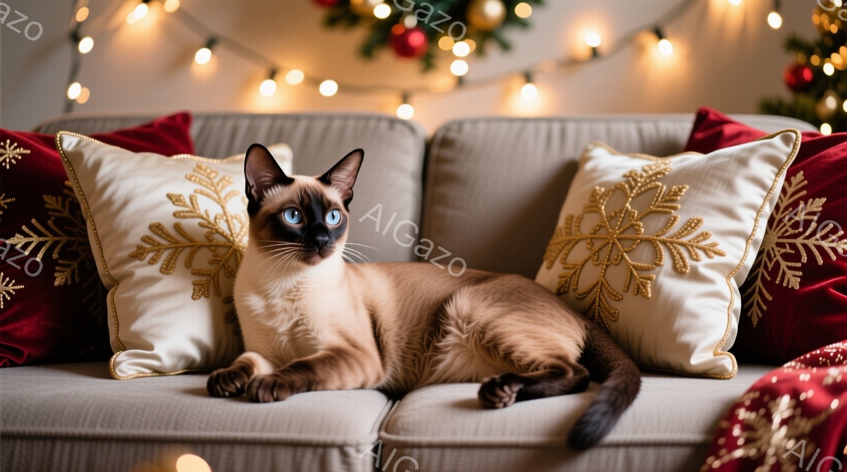 ソファに横たわるシャム猫が写っています。その猫はリラックスした様子で、碧色の瞳でカメラを見つめています。背景にはクリスマスツリーや装飾がぼんやりと見え、温かみのある祝祭の雰囲気が漂っています。
