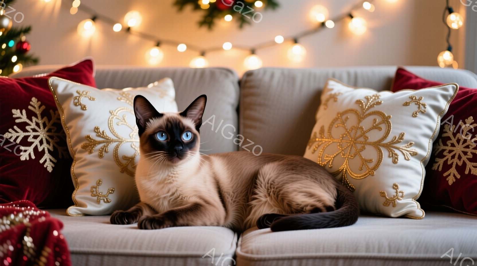 シーラムカラーの猫が、赤とオフホワイトの装飾的なクッションに挟まれてソファに横たわっています。猫は正面を見つめ、澄んだ青い瞳が印象的です。背景にはぼんやりとクリスマスツリーの緑と電飾の光が見え、温かく - AI生成フリー素材