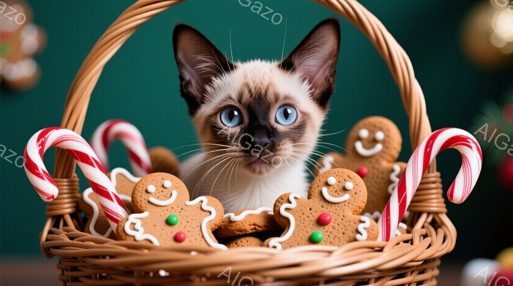 シーマル猫が、クリスマスらしい籐の籠の中に座っており、周囲には赤と白のキャンディケーンとジンジャーブレッドクッキーが飾られています。猫は青い目を大きく見開き、少し好奇心といたずらっぽさを感じさせる表情をしています。背景は深い緑色で、ぼやけたクリスマスオーナメントが見え、全体的に温かく、お祝いムードに包まれています。