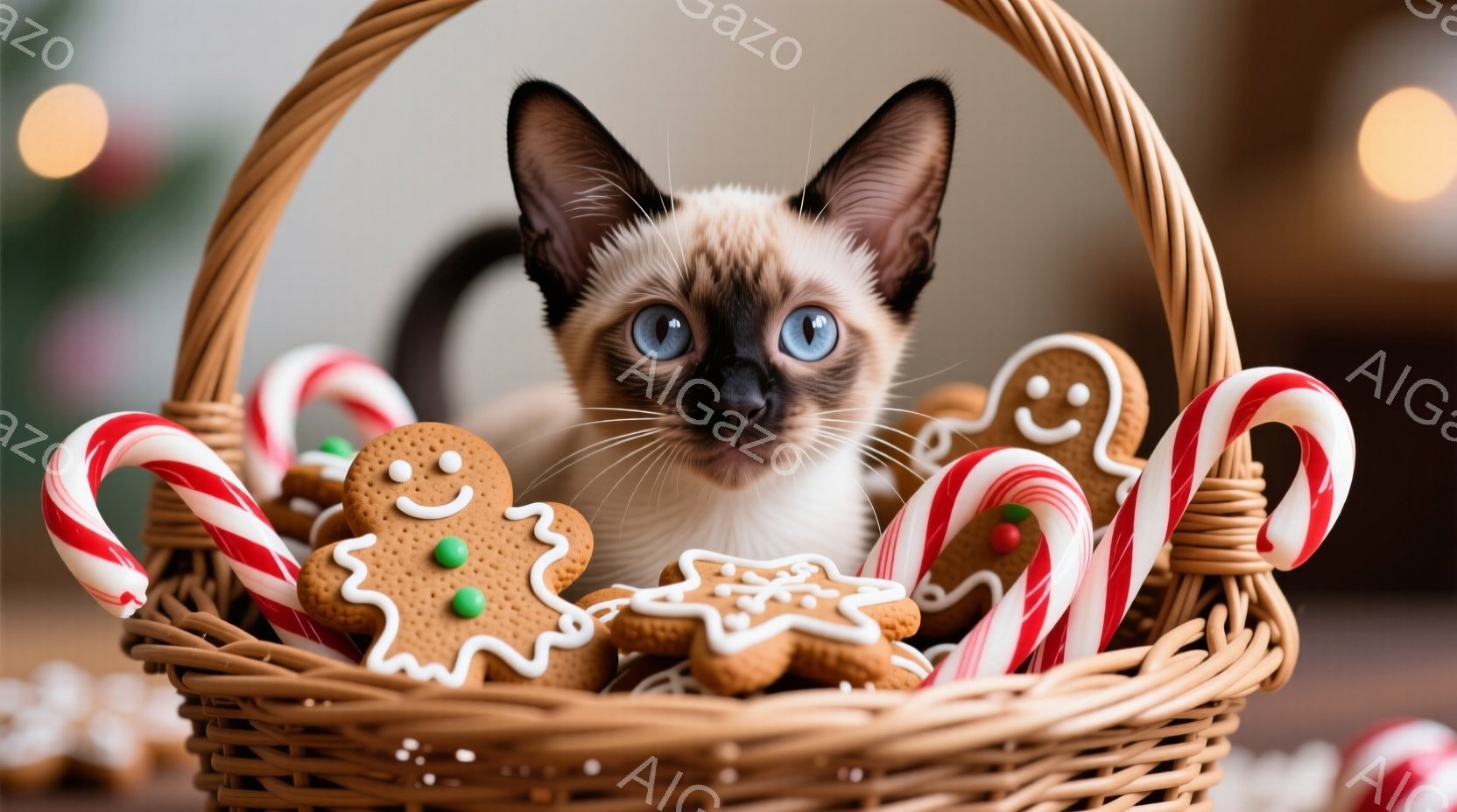 シナモン色の毛並みと鮮やかな青い瞳を持つ子猫が、クリスマスらしい籐のバスケットの中にいます。周りにはジンジャーブレッドクッキーやキャンディケーンが飾られており、子猫は前足を組んで穏やかな表情でカメラを - AI生成フリー素材
