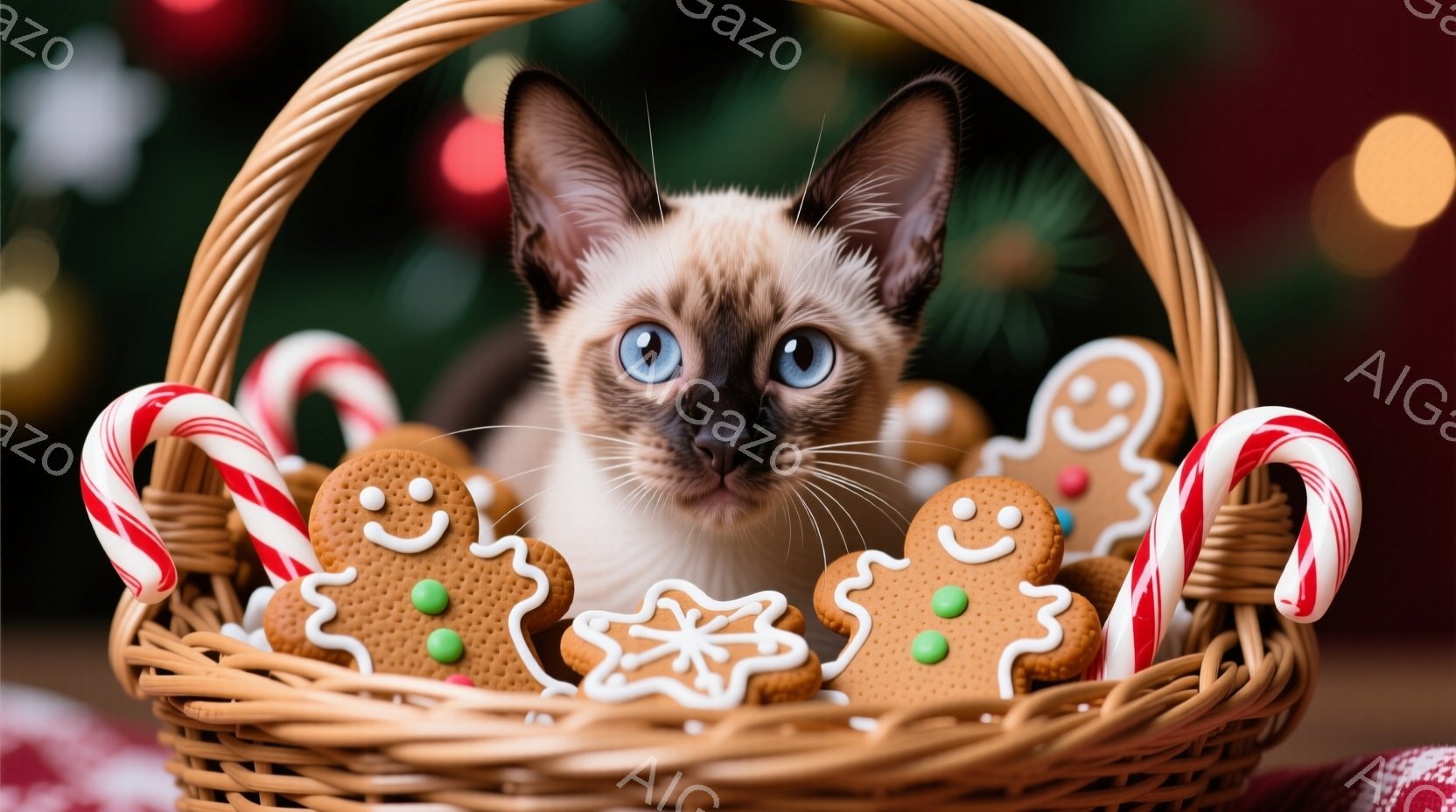 白くて茶色のシャム猫が、クリスマスらしい籐の籠の中に座っています。周りにはジンジャーブレッドクッキーやキャンディケーンが散りばめられ、猫は青い目でカメラを見つめています。背景はぼやけたクリスマスツリーの光で、暖かく、お祝いの雰囲気が漂っています。