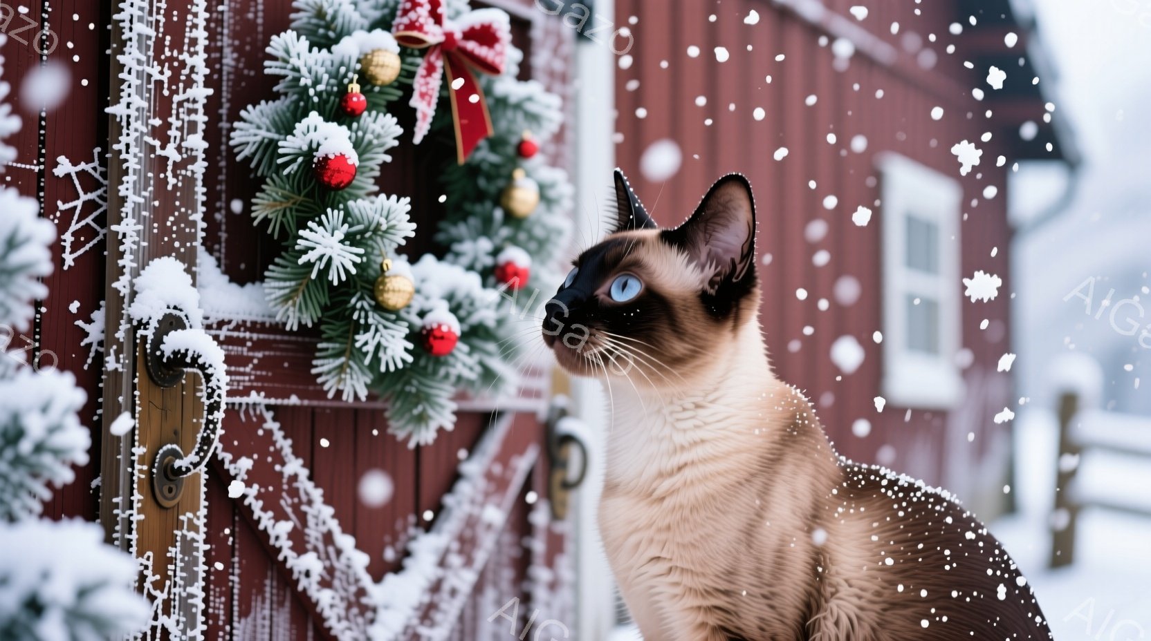 シベリアン猫が雪が降る赤い板張りの家の前に佇んでいます。猫はライトブラウンとダークブラウンの毛並みで、青い目をしており、少し上を見上げています。背景には雪に覆われた風景が広がり、クリスマス風の飾り付けが施されたドアが暖かさを添えています。