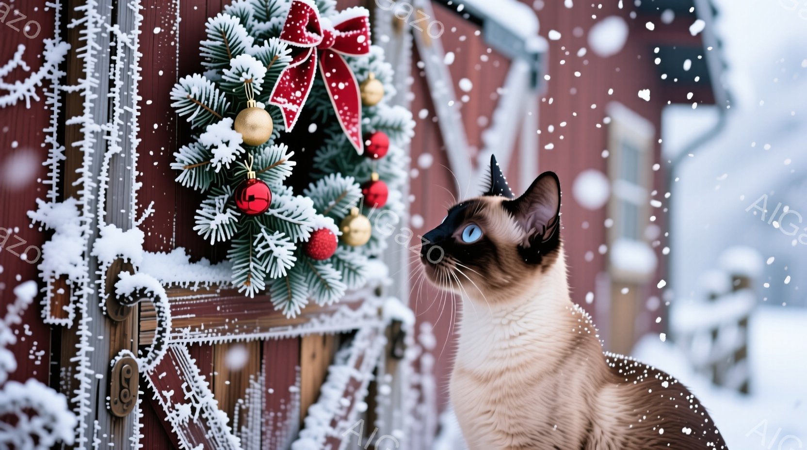 シーマル猫が雪で覆われた赤いドアの横に立っており、上を見上げて何かを見つめている。ドアにはクリスマスリースが飾られ、赤いリボンと飾りで華やかさを添えている。背景には雪が舞い、冬の静かで穏やかな雰囲気が - AI生成フリー素材
