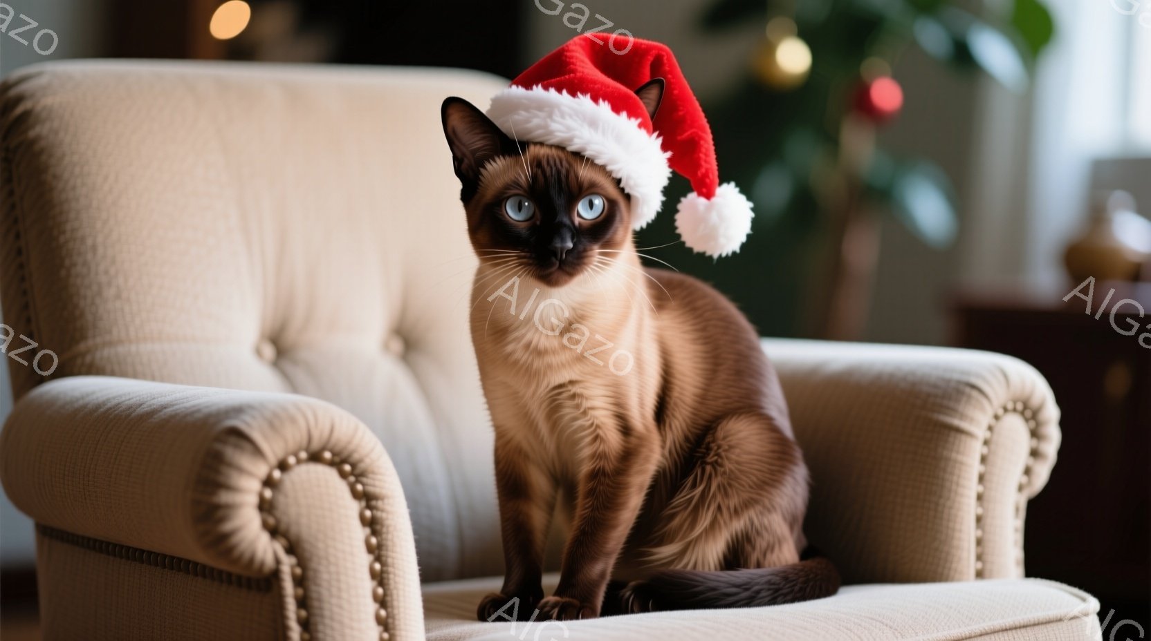 シーマル猫が、豪華なクリーム色の肘掛け椅子の座席に座っており、頭にはサンタ帽を被っています。猫は正面をまっすぐ見つめ、瞳は鮮やかな水色で、わずかに警戒した表情を浮かべています。背景にはぼやけた植物や家具が見え、暖かくお祝いムードが漂っています。