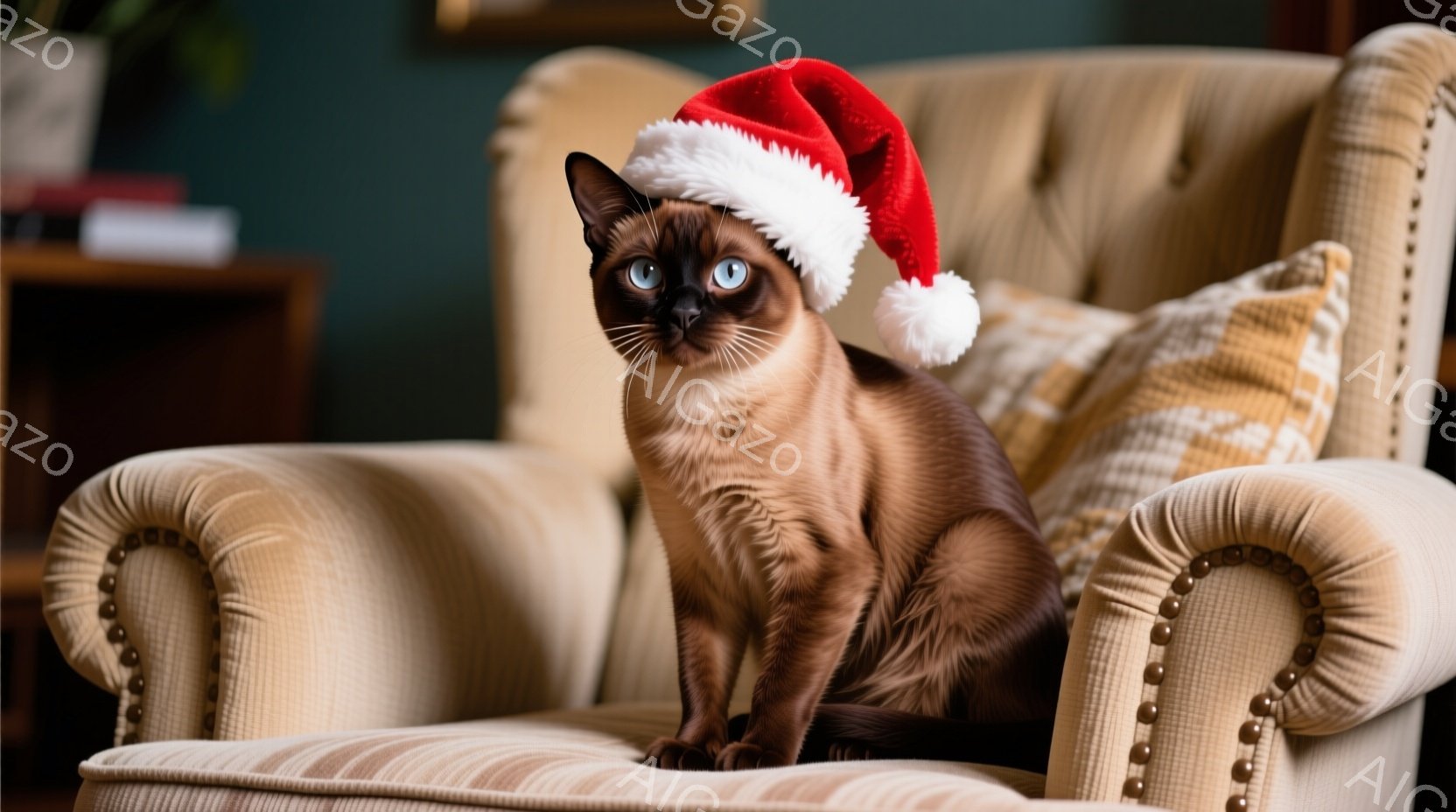 シーマル猫が、クリスマスのサンタ帽をかぶり、クリーム色の肘掛け椅子の座席に座っている。猫は青い目を輝かせ、正面を見つめ、リラックスした姿勢で少しばかりこちらを見下ろしているようだ。背景には、木製のキャビネットやチェック柄のクッションが見え、温かく穏やかなクリスマスの雰囲気を醸し出している。