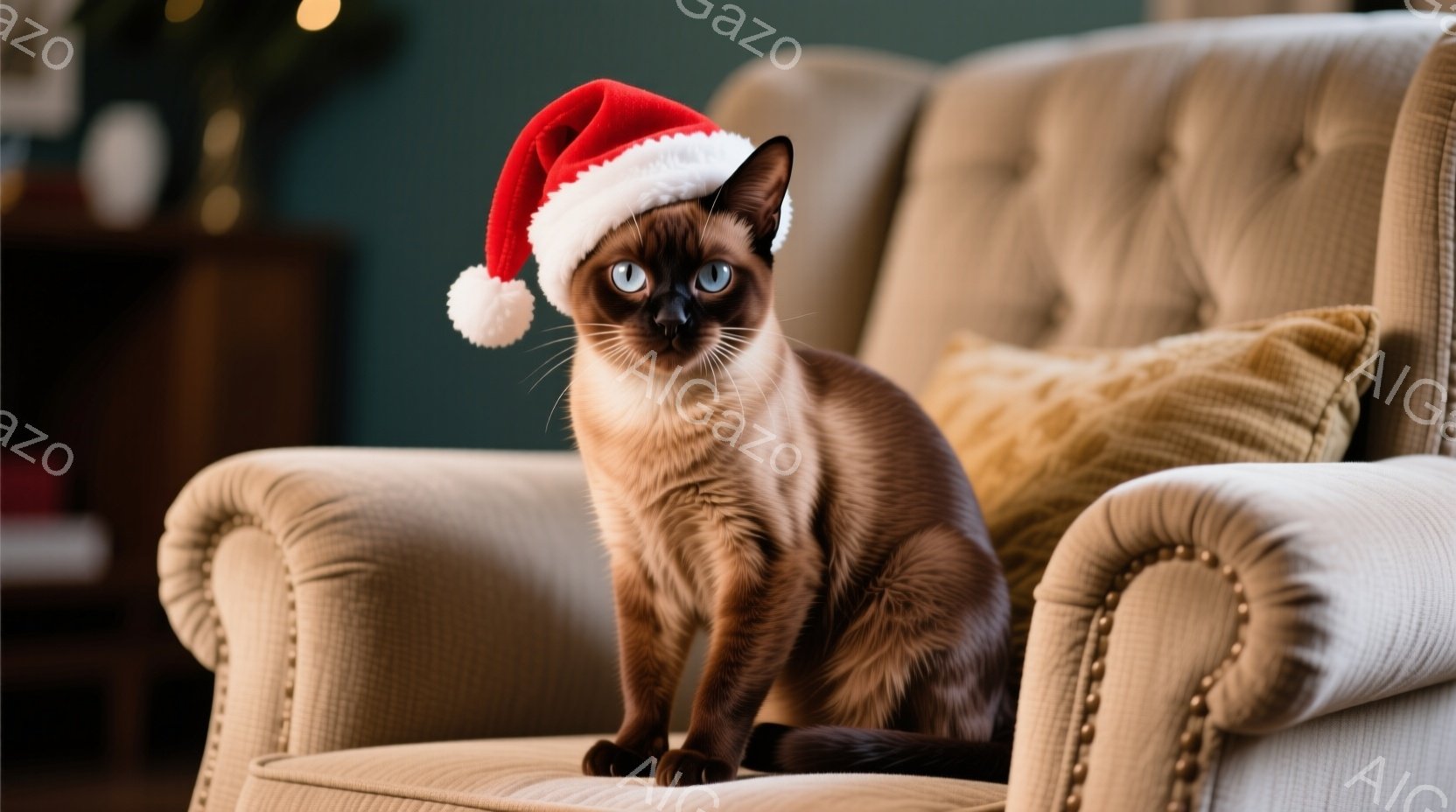 シーマの猫が、クリスマスのサンタ帽をかぶり、ベージュの肘掛け椅子の座面に座っています。その表情はやや無表情で、鋭いブルーの瞳がカメラを見つめています。背景には暗めの色の壁と家具が見え、クリスマスシーズンの温かく穏やかな雰囲気が漂っています。