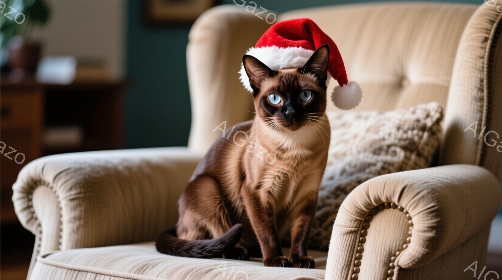 シーラートの猫が、クリーム色の肘掛け椅子の座席に座って正面を見つめています。頭には赤いサンタ帽がちょこんと乗っており、青い瞳が印象的です。背景には木製の棚が見え、落ち着いた暖色系の室内で、猫はリラックスした様子で座っています。