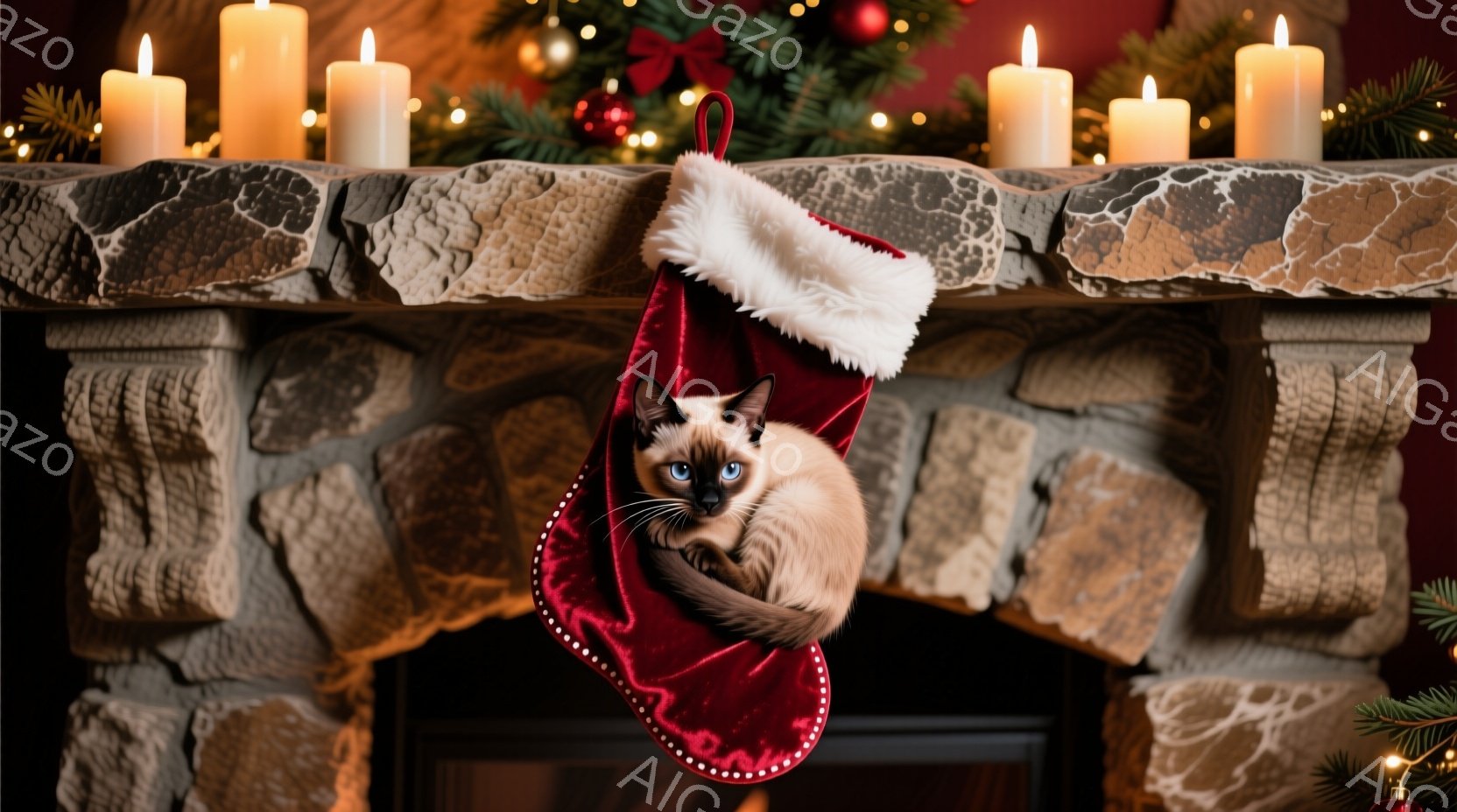 赤いクリスマスストッキングの中に、美しいシャム猫がもふもふと丸まって入っています。背景には、点灯したクリスマスツリーと、温かい光を放つキャンドルが並び、暖炉の石造りの壁が猫を囲んでいます。全体的に、温かく、居心地の良い、クリスマスの雰囲気が漂っています。