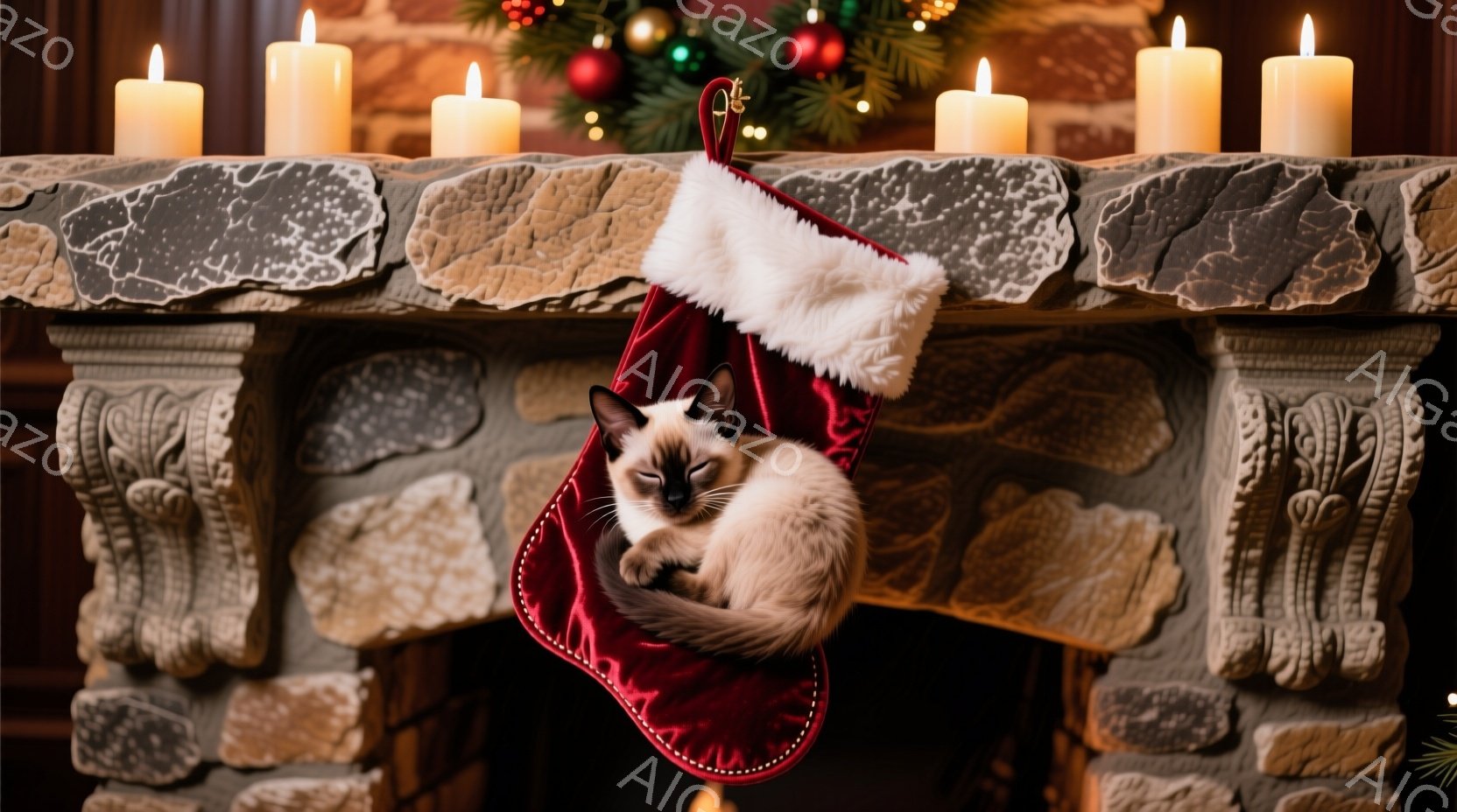 暖炉の上に赤いクリスマスストッキングがあり、その中にクリーム色のシャム猫が丸まって眠っています。ストッキングは白い毛皮の縁取りで飾られ、背景にはクリスマスツリーの飾りと点灯したキャンドルが見えます。全体的に温かく、居心地の良いクリスマスの雰囲気が漂っています。