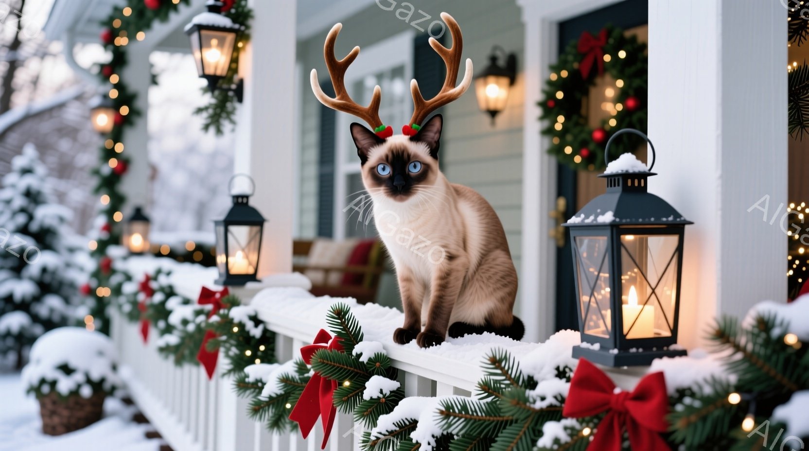 白と茶色のシャム猫が、クリスマスの角飾りをつけて白い手すりに座っています。背景には、クリスマスリースやイルミネーションで飾られた家の玄関があり、雪が降っています。全体的に、暖かく、お祝いムードにあふれ - AI生成フリー素材