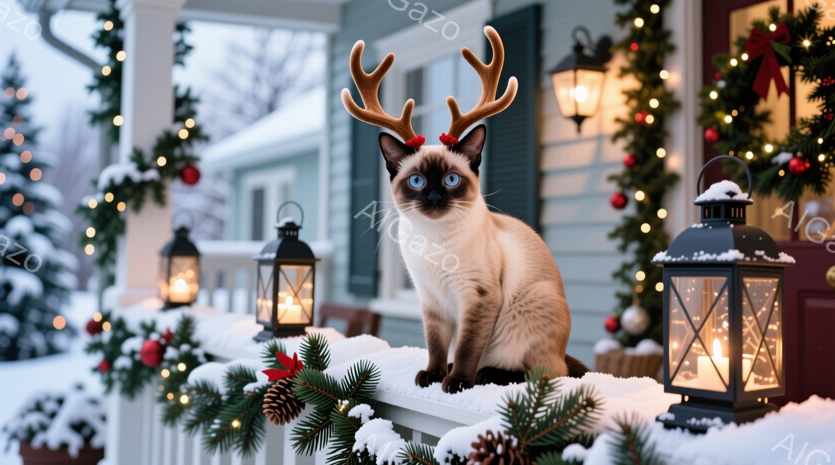 シーマル猫がクリスマスの飾り付けられた玄関の壁に座っており、頭には小さなトナカイの角をつけている。背景には雪で覆われた庭と、点灯したクリスマスライトで飾られた植木鉢やランタンが見える。全体的に、温かく、お祝いの雰囲気の冬の光景である。