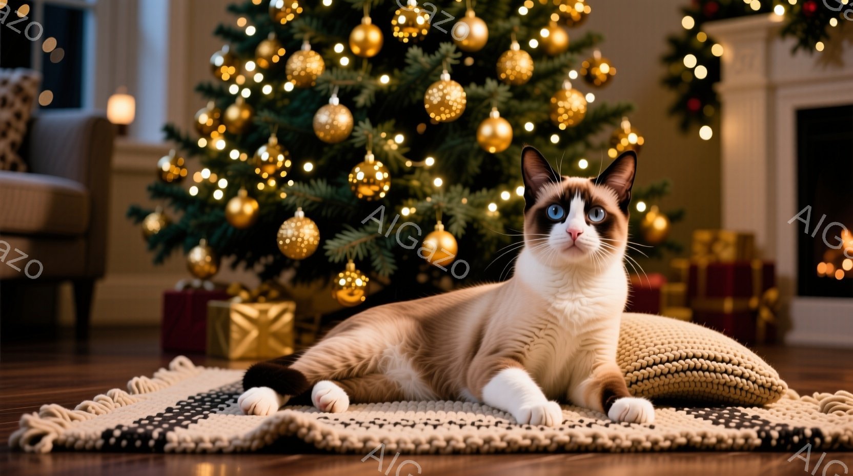 暖炉とクリスマスツリーが背景にぼやけて見える、明るいリビングルームで、白と茶色の猫がカーペットの上に横たわっています。猫は前足を揃え、リラックスした表情でカメラの方を見ています。クリスマスツリーは金色 - AI生成フリー素材