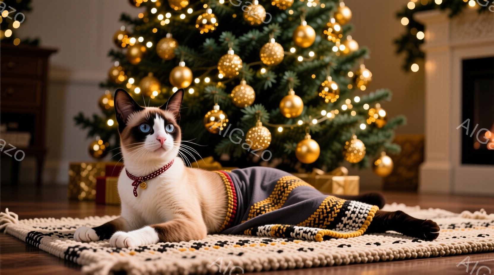 - 猫は白と黒のカラーで、耳が立っている。 - 猫は床上で、足を伸ばしている。 - クリスマスツリーには金色のボールが装飾されている。 - AI生成フリー素材