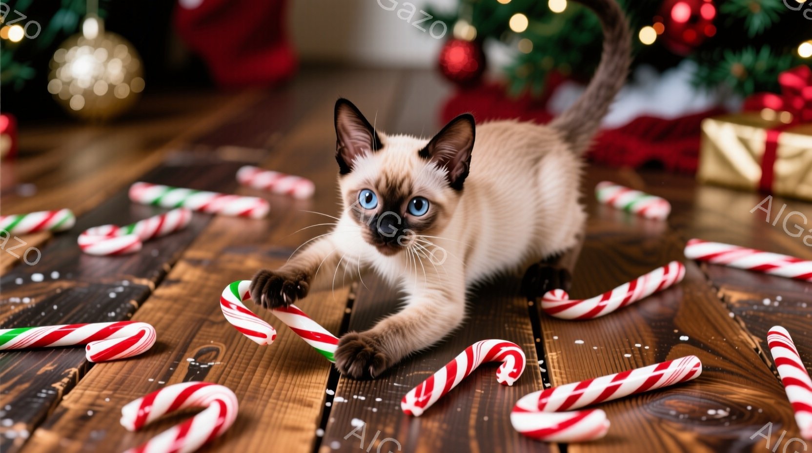 シナモン色の可愛らしい子猫が、赤と白のキャンディケーンが散らばる木の床の上で遊んでいます。子猫は片方の前足を伸ばしてキャンディケーンに手を伸ばし、好奇心と遊び心に満ちた表情をしています。背景には、クリ - AI生成フリー素材