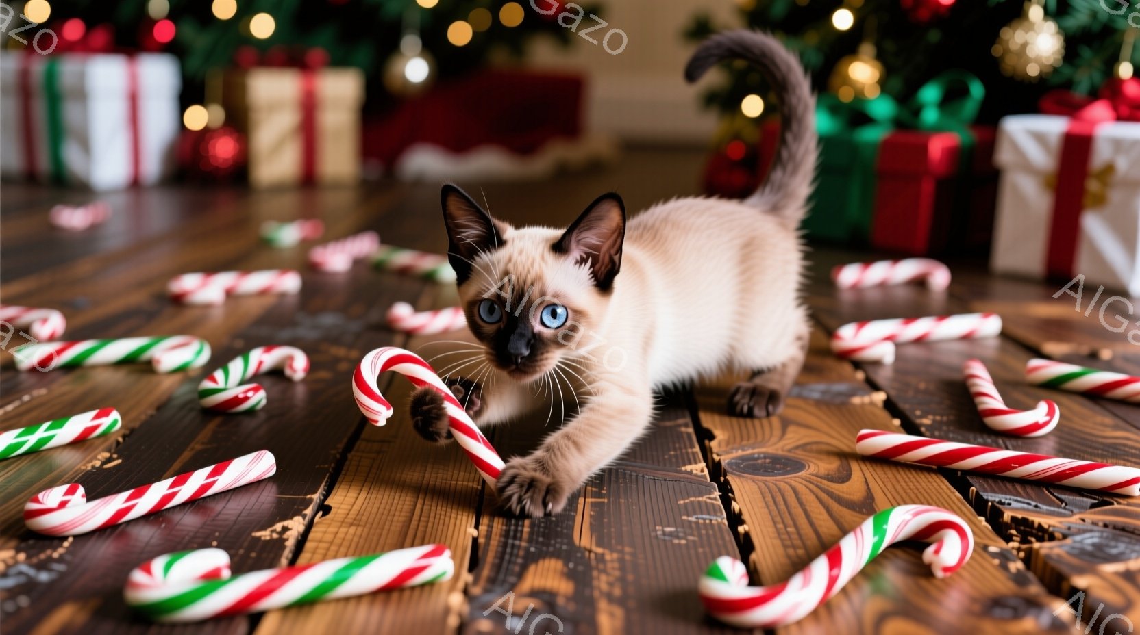茶色と白の美しいシャム猫が、クリスマスのキャンディケーンが散らばる木の床の上を歩いている。猫は前足を伸ばし、興味津々な表情でキャンディケーンを見つめている。背景にはクリスマスツリーとプレゼントボックス - AI生成フリー素材