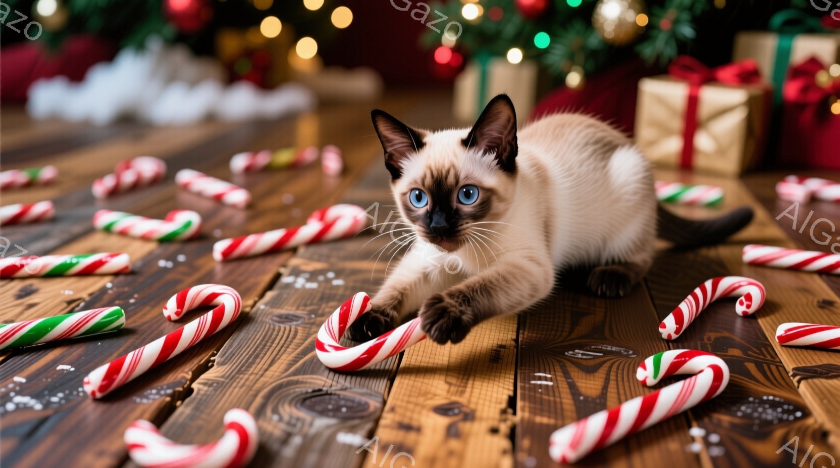 暖炉の木製の床に、クリーム色の体と濃い茶色の耳と顔を持つシャム猫がいます。猫は前足を伸ばして何かを捕まえようとしており、好奇心と遊び心に満ちた表情をしています。背景には、キャンディケーンが散らばり、ク - AI生成フリー素材