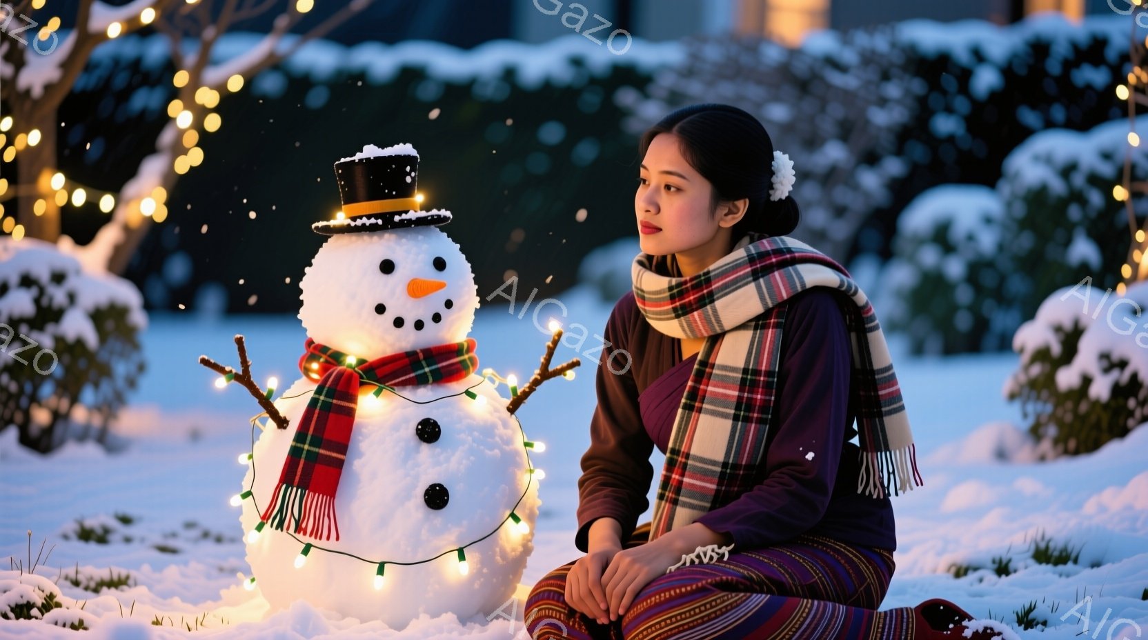 雪景色の中で、女性が雪だるまと一緒に座っています。彼女はチェック柄の暖かいスカーフと暗い色の服を着ており、髪は後ろでまとめられています。背景にはクリスマスツリーのような装飾が施された茂みが並び、雪が降り積もる静かで穏やかな冬の夜の雰囲気が漂っています。