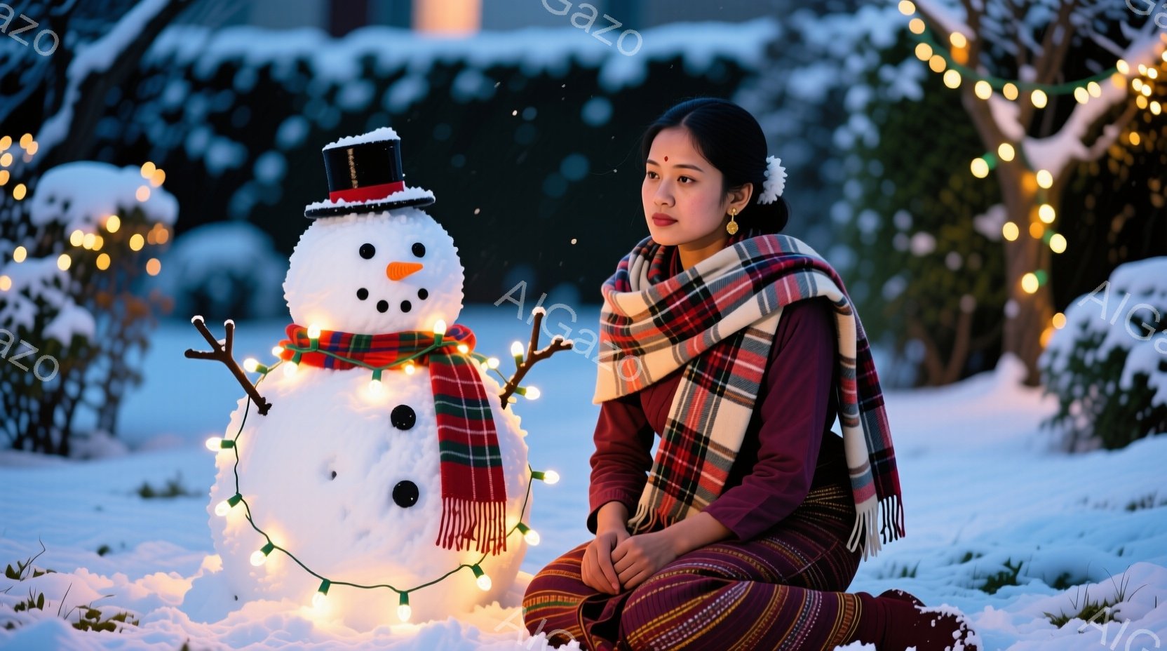 雪景色の中に、女性が座り、手作りの雪だるまと共に写っている。彼女は鮮やかな縞模様のスカートと濃い色のトップスを着ており、首にはチェック柄のショールを巻いている。背景には、光るクリスマスライトが飾られた - AI生成フリー素材
