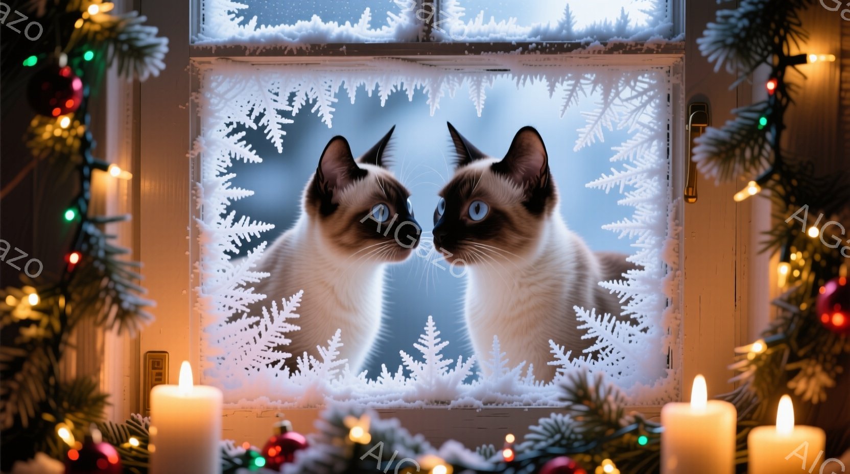 白いフレームに囲まれた窓の中に、2匹のシャム猫が互いに向き合って座っています。猫たちは青い目をしており、真剣な表情で何かを見つめているようです。背景には雪景色が広がり、窓の外は冬の静寂に包まれています。