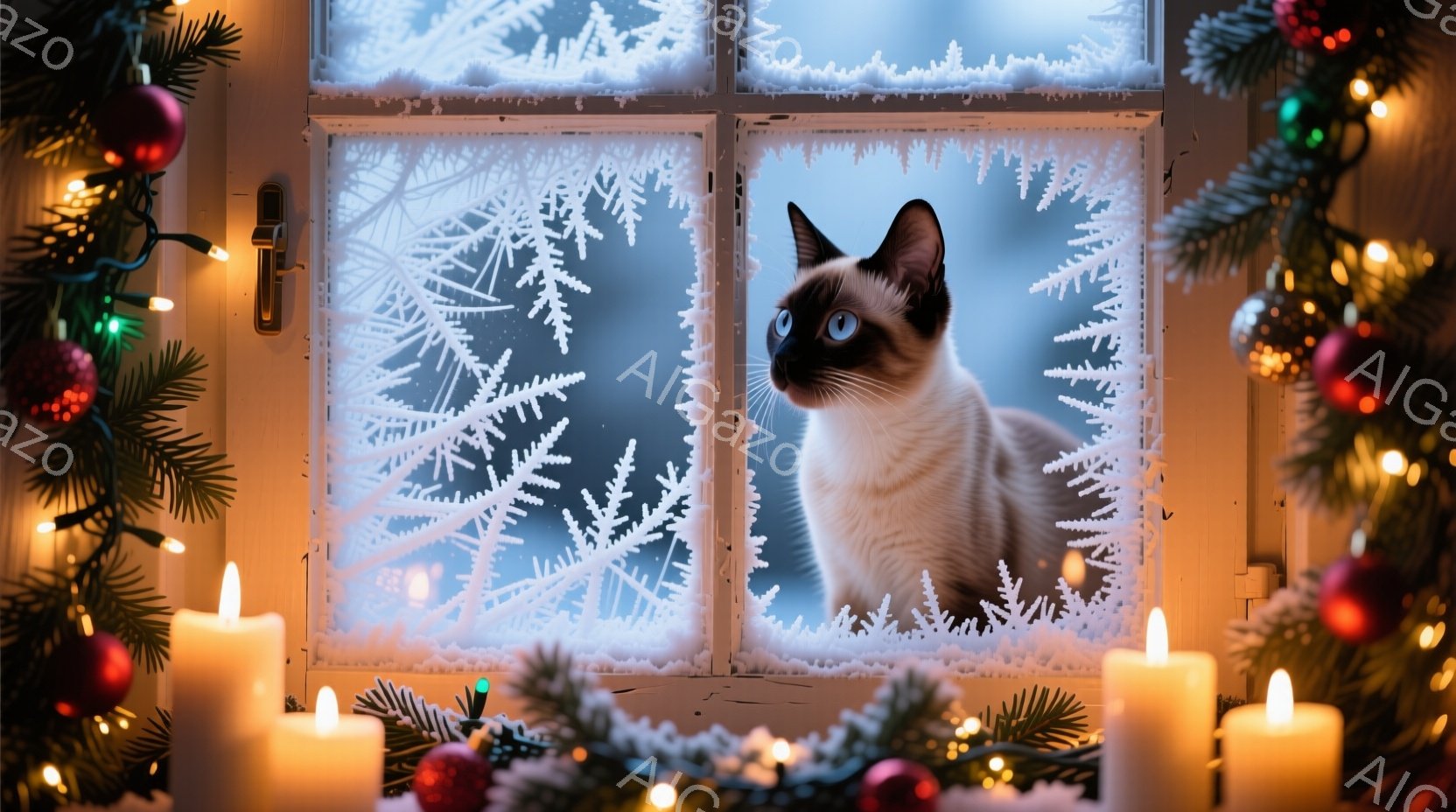 白い窓枠に雪の模様が描かれ、その中にシャム猫が落ち着いた様子で座っています。暖炉のような温かい光が灯されたキャンドルとクリスマスツリーの飾りで周囲が彩られ、冬の暖かく幻想的な雰囲気を醸し出しています。 - AI生成フリー素材