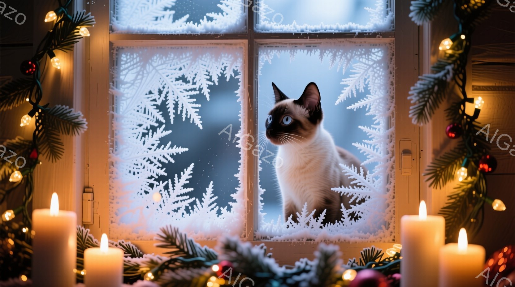 白い窓枠に雪の模様が描かれ、その中にシベリアン猫が好奇心旺盛な表情で外を眺めている。背景は雪景色で、窓の外にはぼやけた白い景色が広がり、室内にはクリスマスの飾り付けと灯されたキャンドルが暖かな光を添えている。全体的に、冬の暖炉のそばでリラックスしたクリスマスの雰囲気が漂う、穏やかで心安らぐ光景である。