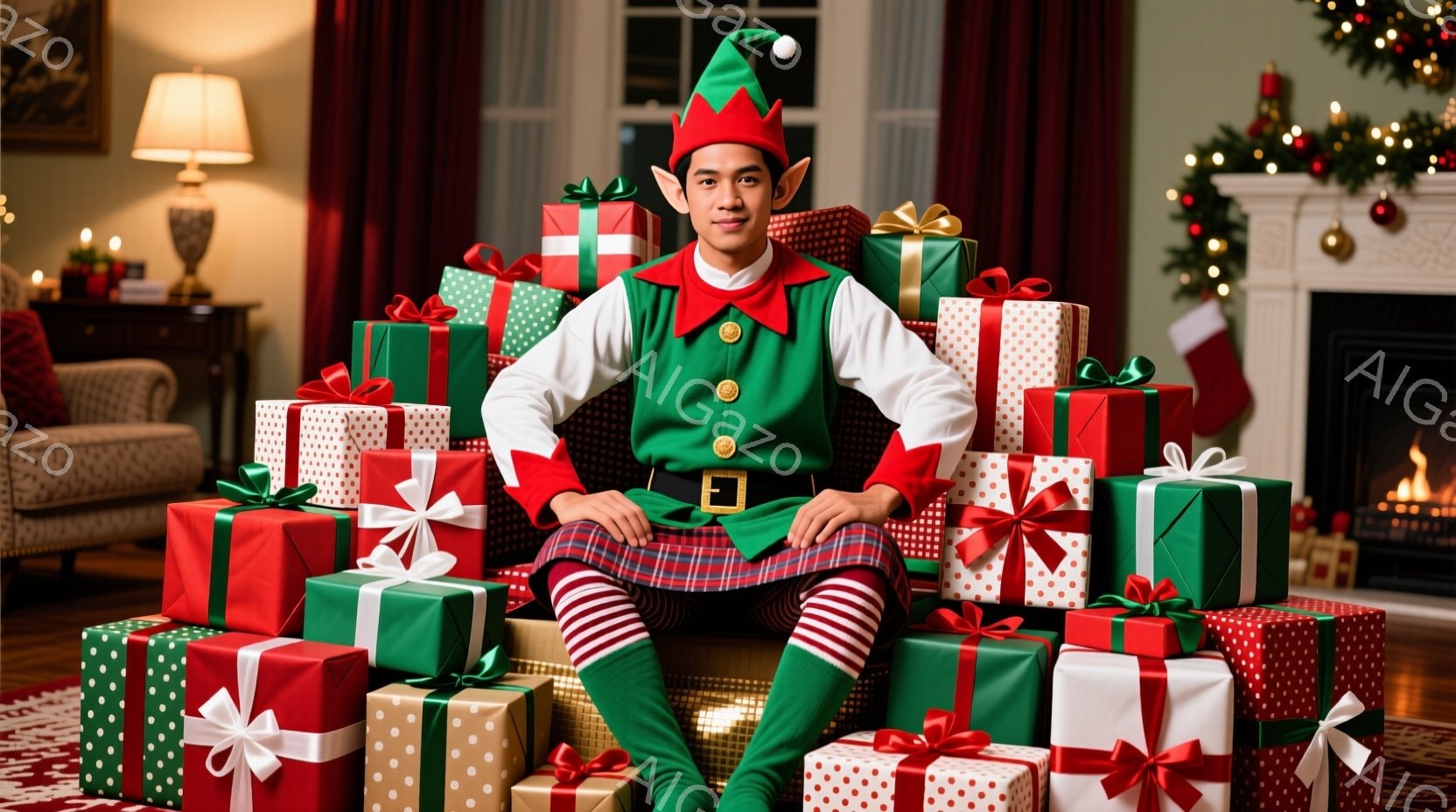 クリスマスをテーマにした写真には、エルフの衣装を着た男性が、色とりどりのプレゼントの山に囲まれて座っています。彼は緑の帽子と衣装、チェック柄のタイツ、黒のベルトを身につけ、穏やかな表情で正面を見ていま - AI生成フリー素材