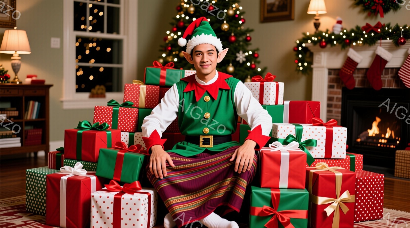 暖炉のあるリビングルームで、プレゼントの山に囲まれて男性が座っています。彼は緑と赤のエルフの衣装を着ており、白い靴下と黒い靴を履いています。背景にはクリスマスツリーが飾られ、暖かくお祝いの雰囲気です。 - AI生成フリー素材