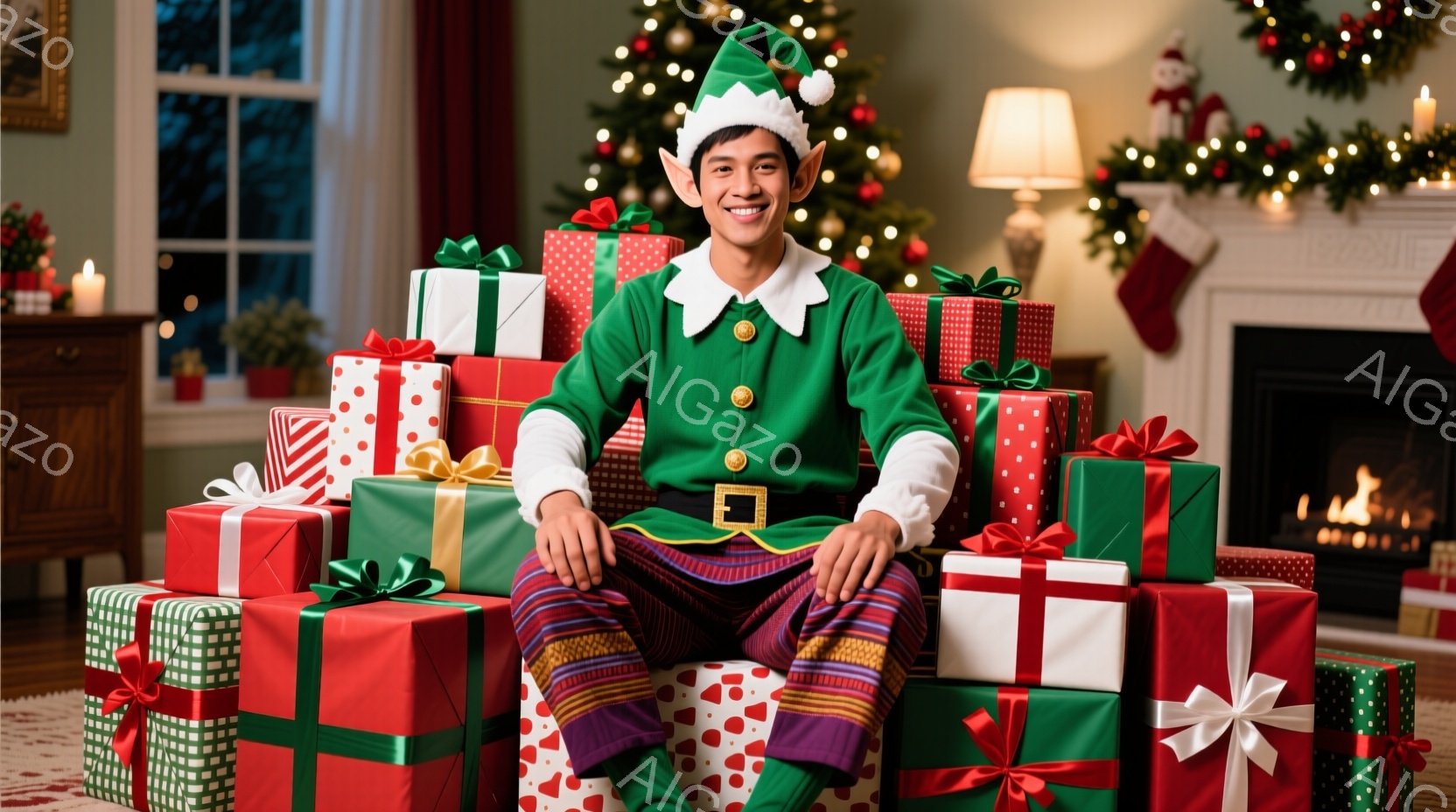 緑色のエルフの衣装を身につけた男性が、様々なラッピングペーパーで包まれたプレゼントの山に囲まれて座っています。彼は微笑んでおり、服装は緑色のジャケット、縞模様のズボン、そしてエルフの帽子で、全体的に華やかなクリスマスシーズンを象徴しています。背景にはクリスマスツリーや暖炉が見え、温かくお祝いムード満載の室内が描かれています。