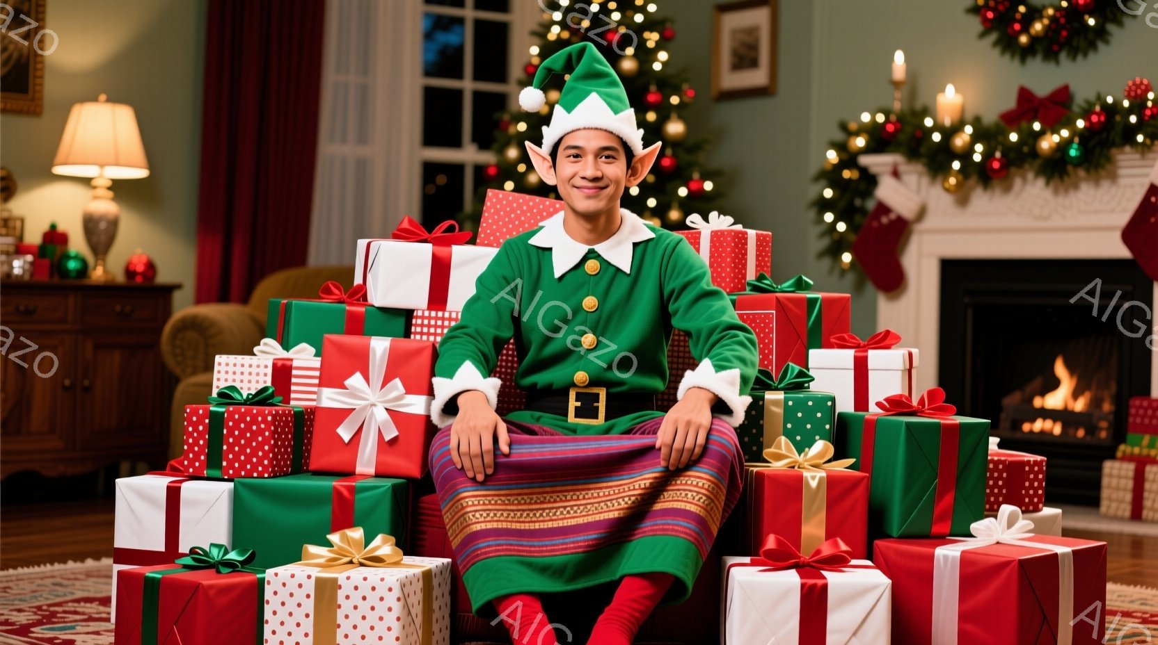 鮮やかな緑色のエルフの衣装を着た男性が、積み重ねられたプレゼントの山に囲まれて座っています。彼は緑の帽子と赤い靴下を履き、笑顔でカメラを見ており、全体的に楽しげなクリスマスの雰囲気が漂っています。背景 - AI生成フリー素材