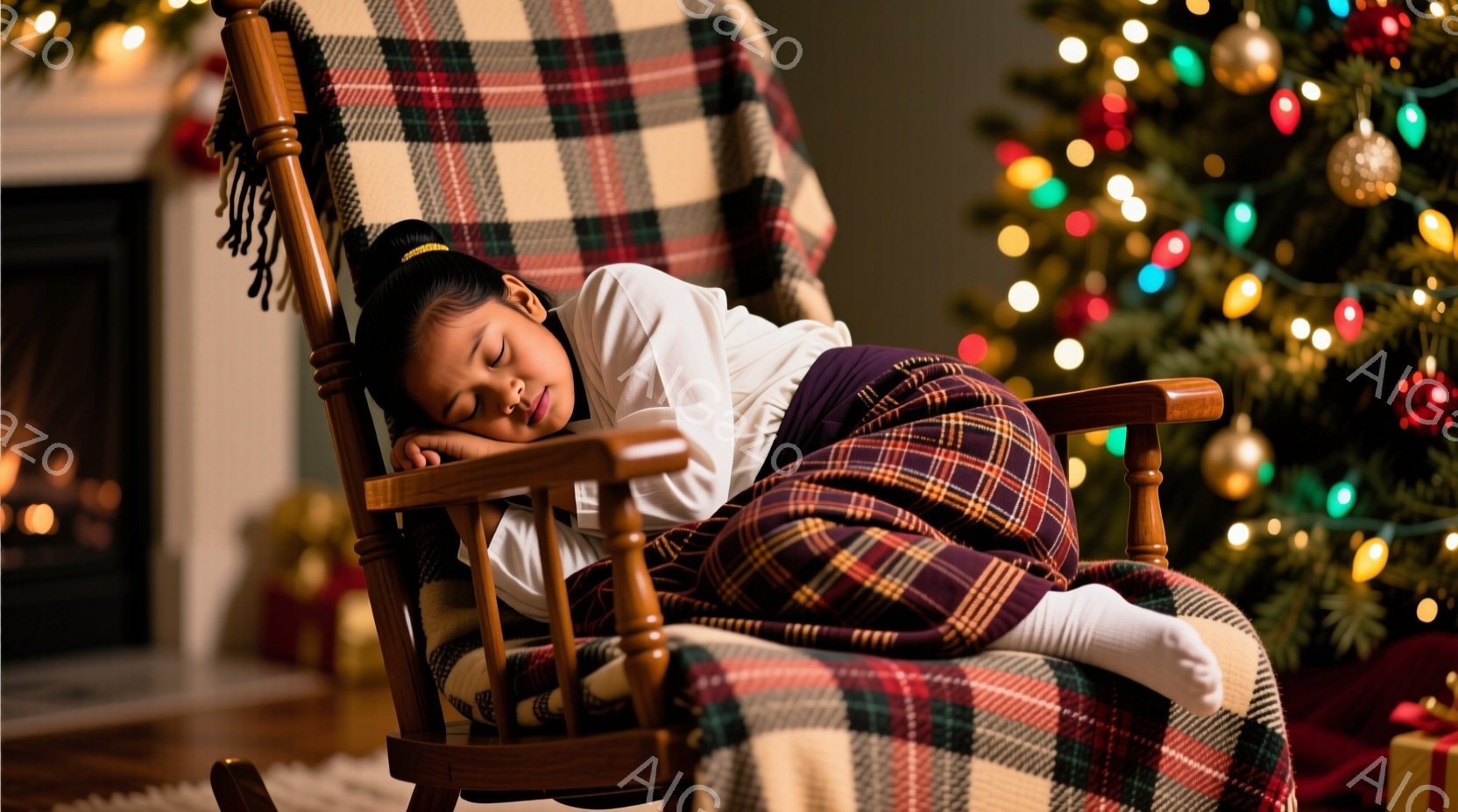 少女は揺り椅子に座って眠っており、白い長袖シャツとチェック柄のズボンを着用しています。彼女は足を組んで座っており、顔はリラックスして穏やかな表情をしています。背景には、キラキラと輝くクリスマスツリーがあり、暖かく穏やかな家庭的な雰囲気が漂っています。