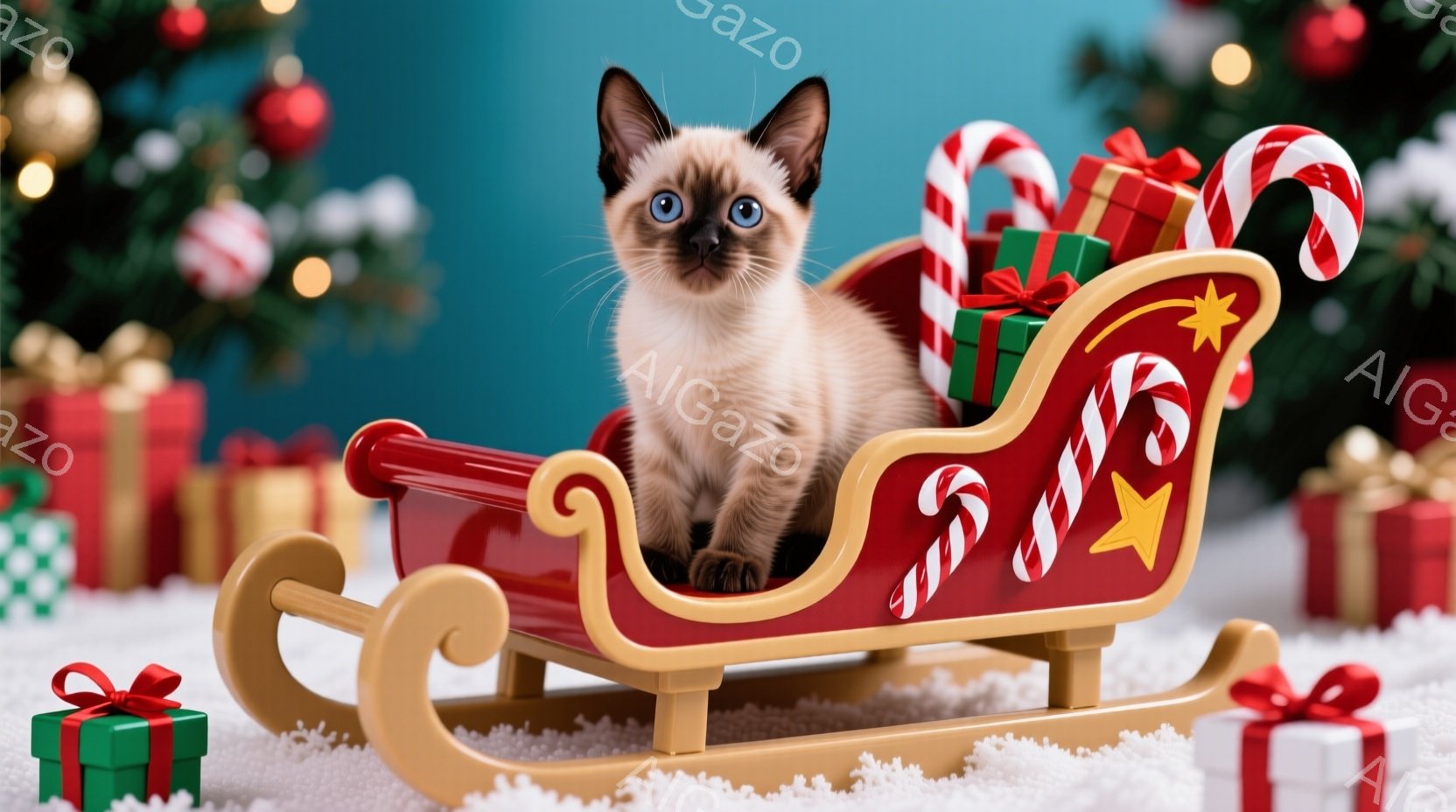 小さなシャム猫が、赤いそりに座ってこちらを見ています。そりの周りにはキャンディケーンや緑と赤のリボンで飾られたプレゼントボックスが置かれ、白い雪の上に並んでいます。背景にはクリスマスツリーがぼやけて見 - AI生成フリー素材
