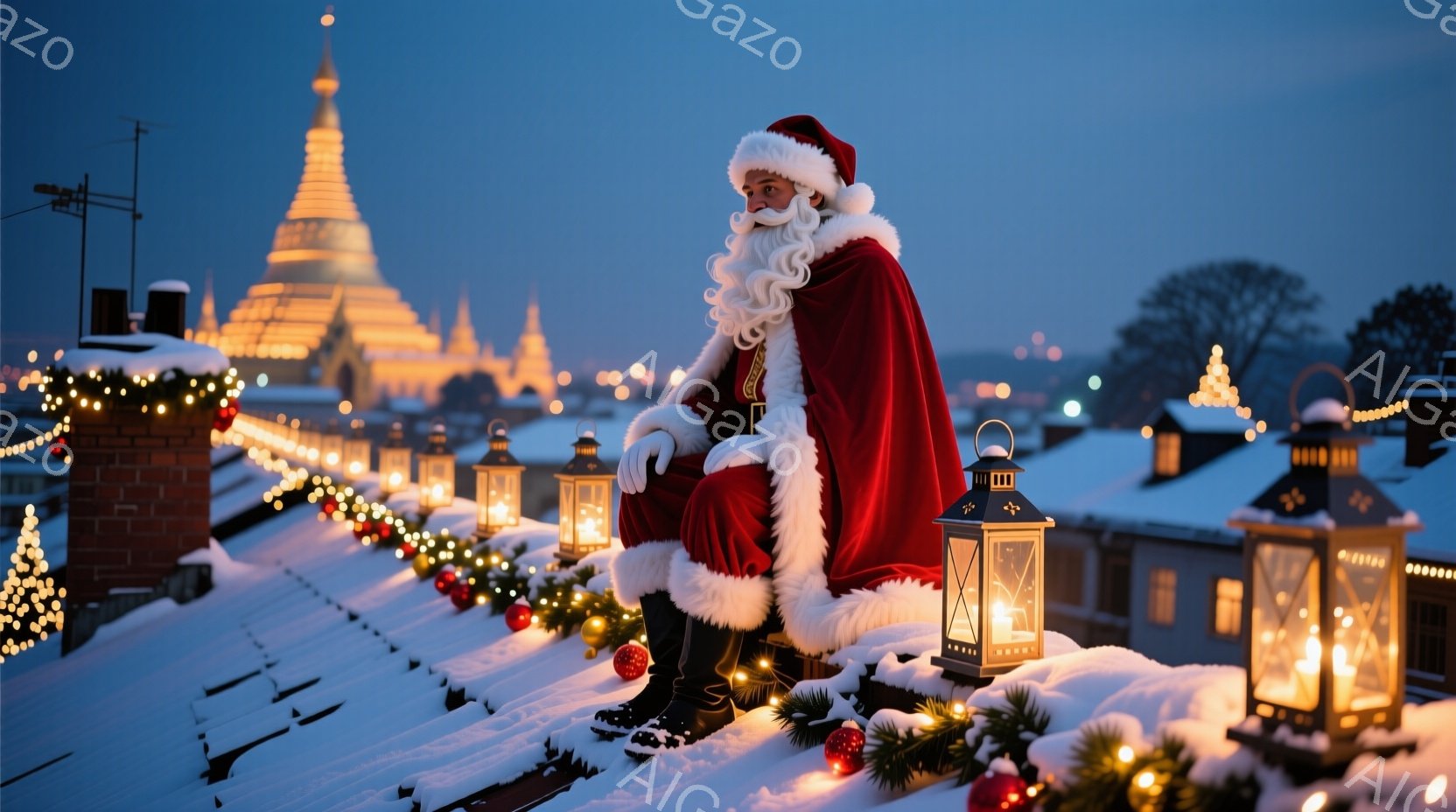 サンタクロースが雪に覆われた屋根の上で、片足を上げてリラックスした姿勢で立っている。背景には、ライトアップされた建物や塔が見え、クリスマスの飾り付けが屋根を彩っている。夜空は暗く、クリスマスのイルミネ - AI生成フリー素材