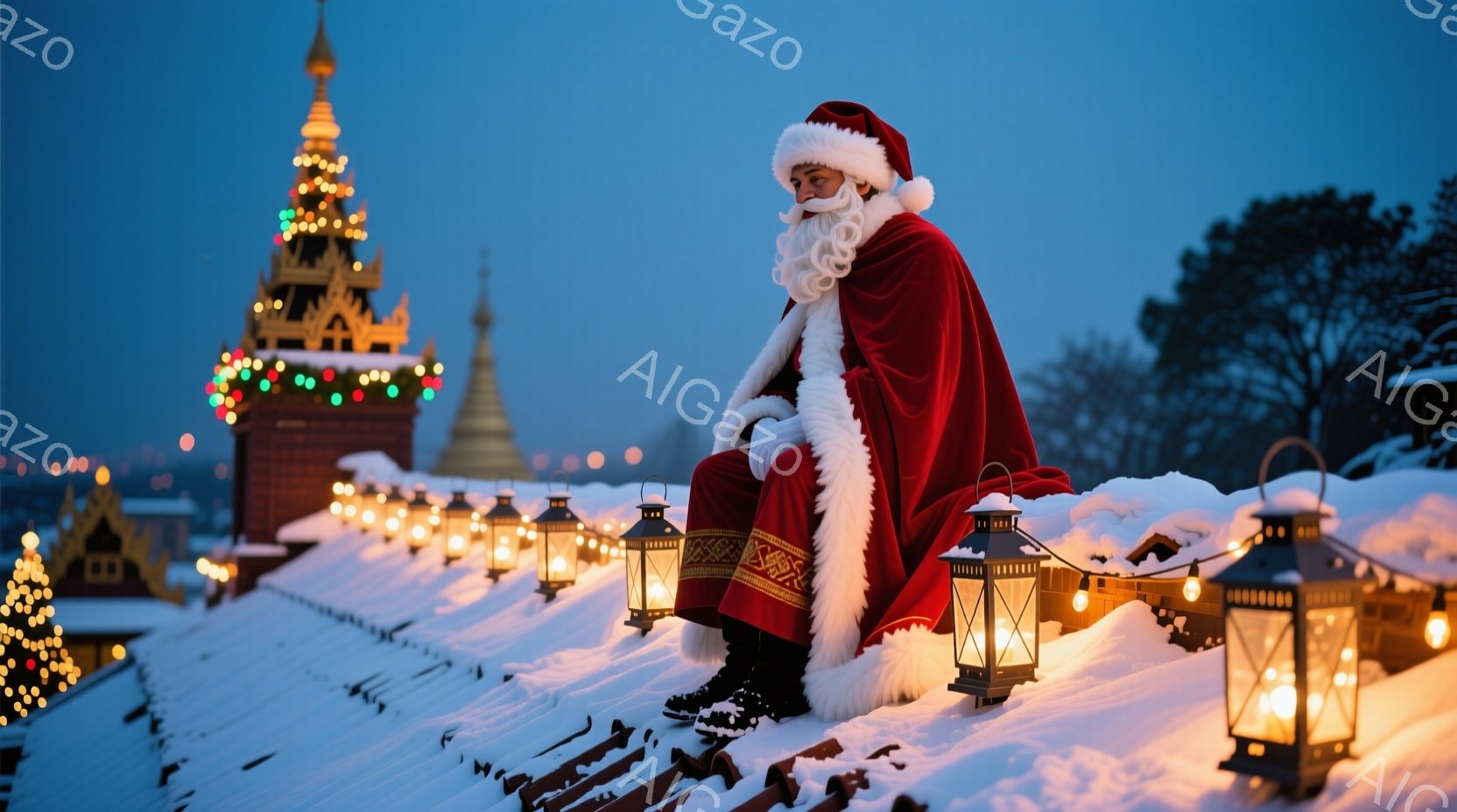 白いひげを蓄えたサンタクロースが、雪に覆われた屋根の上に座っています。赤いジャケットとズボン、そして白い毛皮の縁取りが特徴的で、どこか物憂げな表情を浮かべています。背景には、クリスマスツリーのように飾られた塔と、多数の灯籠が灯り、幻想的な冬の夜の雰囲気を醸し出しています。