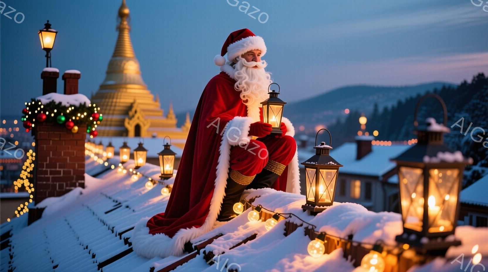 屋根の上にサンタクロースが座っており、赤い衣装と白いひげ、そして白い髪が特徴的です。彼はランタンを手に持ち、優しげな表情を浮かべています。背景には雪景色と、ライトアップされた建物、そして黄金色のドーム - AI生成フリー素材