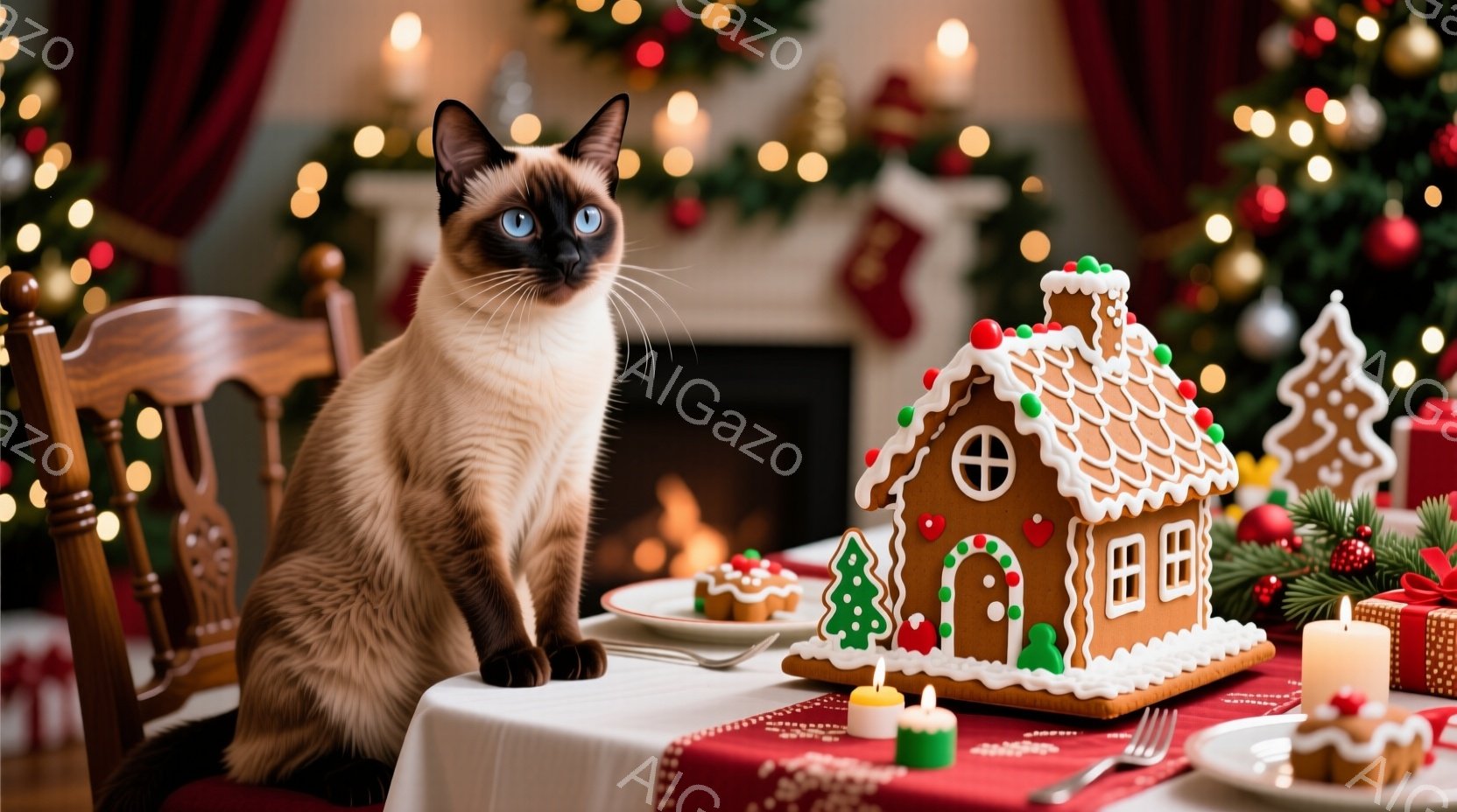 シナモン色の美しいシャム猫が、白いテーブルクロスが敷かれたテーブルの上に座り、正面を見つめています。テーブルの上には、ジンジャーブレッドハウス、小さなケーキ、キャンドルが飾られており、背景にはクリスマ - AI生成フリー素材