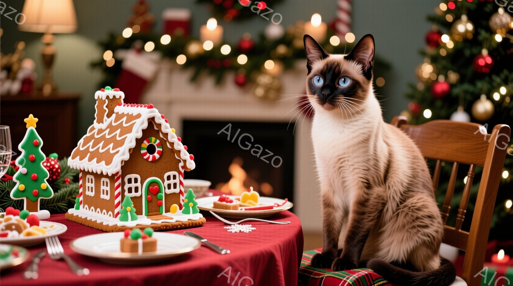 クリスマスを祝うような暖炉とクリスマスツリーが背景に見える、赤いテーブルの上にシベリアン猫が座っています。テーブルにはジンジャーブレッドハウスと、小さなデザートが盛られたお皿がいくつか置かれており、猫 - AI生成フリー素材