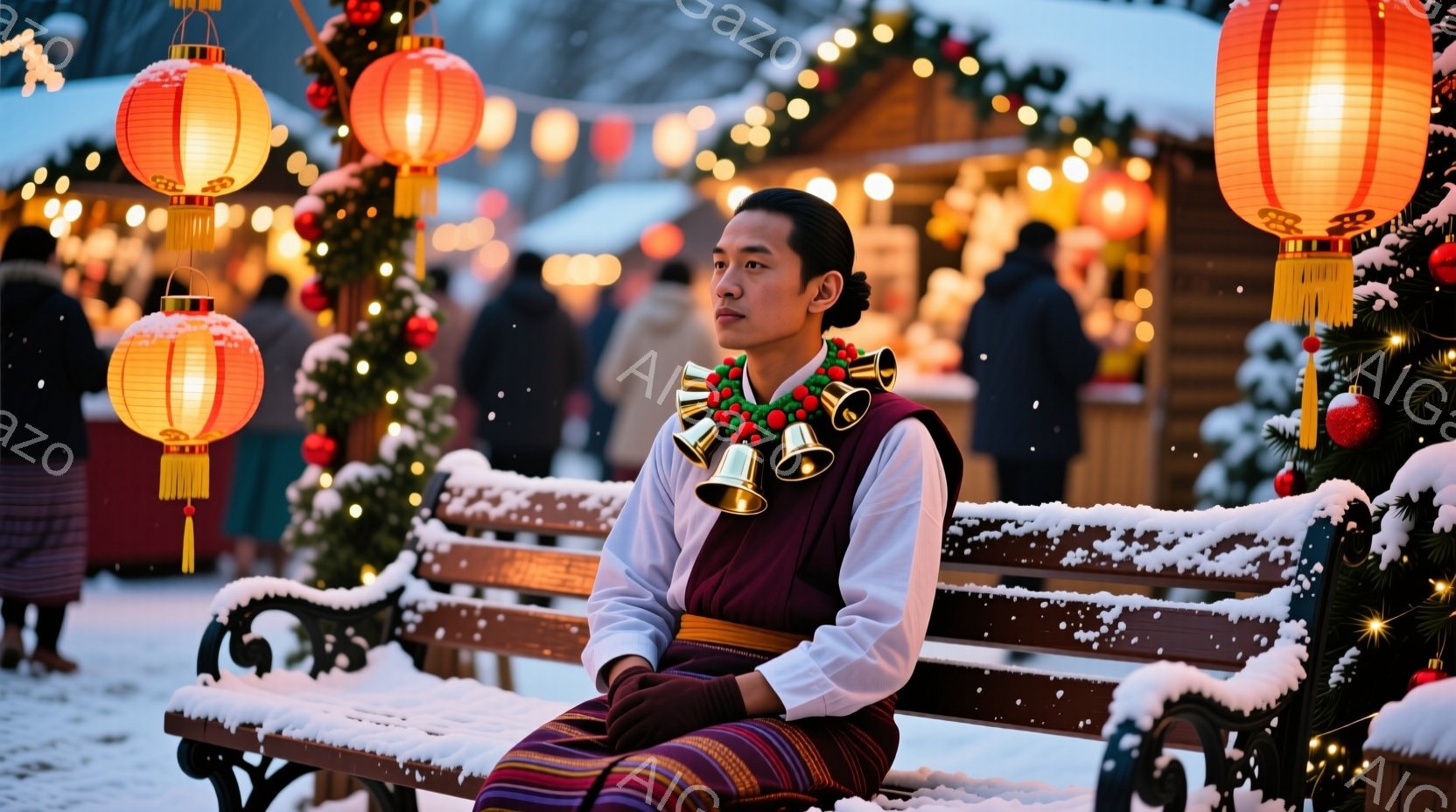 伝統的な衣装を着た男性が雪の積もったベンチに座っている姿が描かれています。彼は赤い地に黄色と緑の縞模様のスカート、そして首には鈴のような装飾を付けており、少し物憂げな表情をしています。背景にはクリスマスマーケットのような賑やかな風景が広がり、雪が舞う幻想的な雰囲気が漂っています。