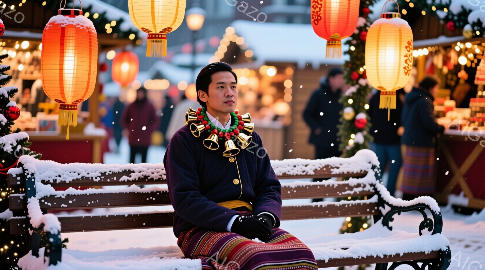 鮮やかな紫色のジャケットを着た男性が、雪で覆われた公園のベンチに座っています。首にはカラフルなベルのネックレスが飾られており、黒い手袋をはめています。背景にはクリスマスマーケットのような賑やかな光景が広がり、雪が舞い散る冬の夜の温かく幻想的な雰囲気が漂っています。