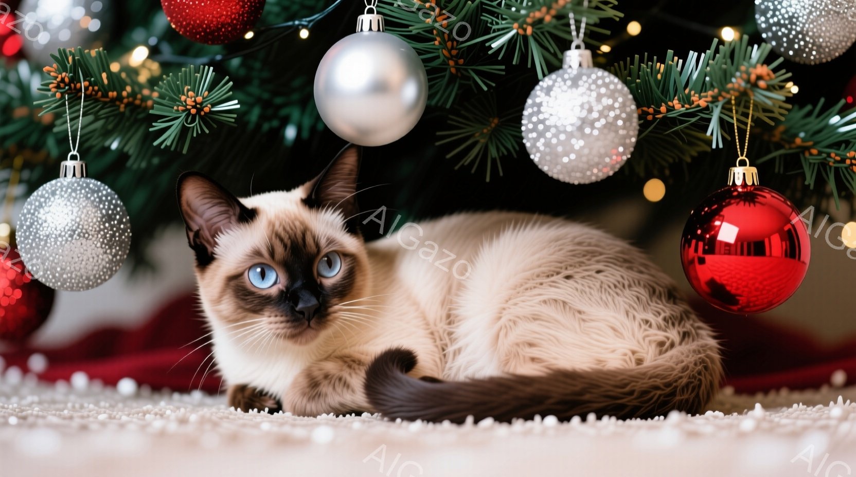 シーマ模様の猫が赤い毛布の上で丸まって座っており、鮮やかなブルーの瞳が印象的です。背景には、緑の葉と赤いオーナメント、輝く銀色のボールで飾られたクリスマスツリーがあり、暖かくお祝いムードを醸し出しています。全体的に、猫とクリスマスの装飾が合わさり、リラックスしたお祝いの雰囲気が漂っています。