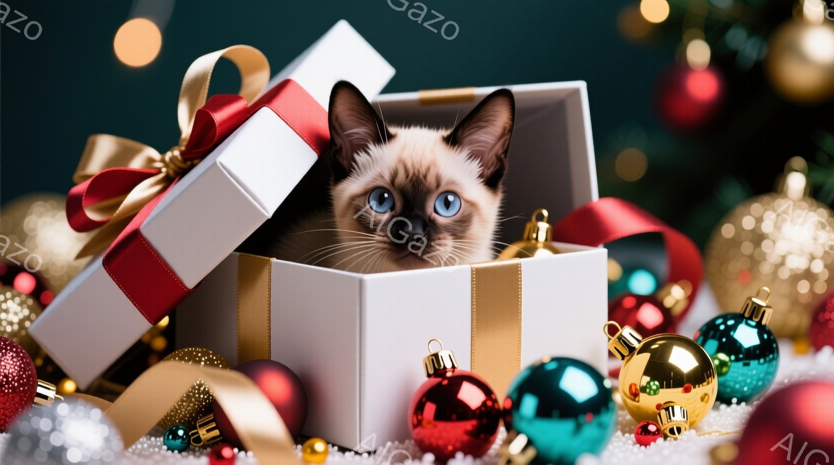 白いギフトボックスの中から、青い目をしたシャム猫が顔を出している。背景には、赤や金、緑のクリスマスオーナメントが散りばめられ、お祝いの雰囲気を演出している。雪のようなものが散りばめられており、冬の暖か - AI生成フリー素材