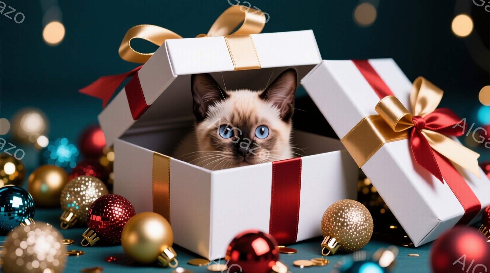 白地に赤いリボンが巻かれたギフトボックスの中に、青い目を輝かせるクリーム色の猫が顔を覗かせています。背景には様々な色のクリスマスオーナメントが散りばめられ、キラキラと輝く光がぼやけています。全体的に、 - AI生成フリー素材