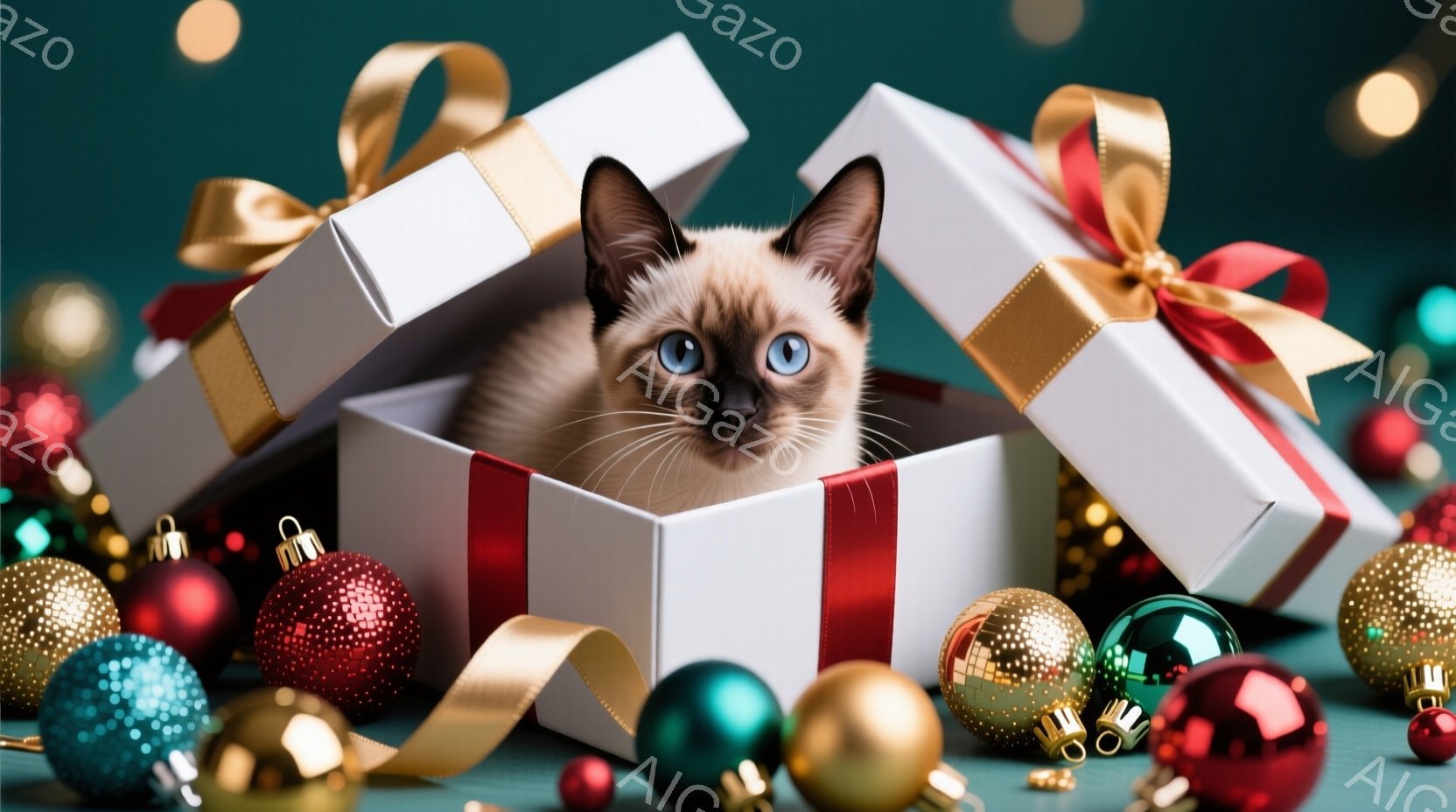 白いギフトボックスの中に、青い目をした子猫が丸まって座っています。背景には、赤、緑、金色のクリスマスオーナメントが散りばめられ、ギフトボックスは金色のリボンで飾られています。全体的に、暖かく、お祝いム - AI生成フリー素材