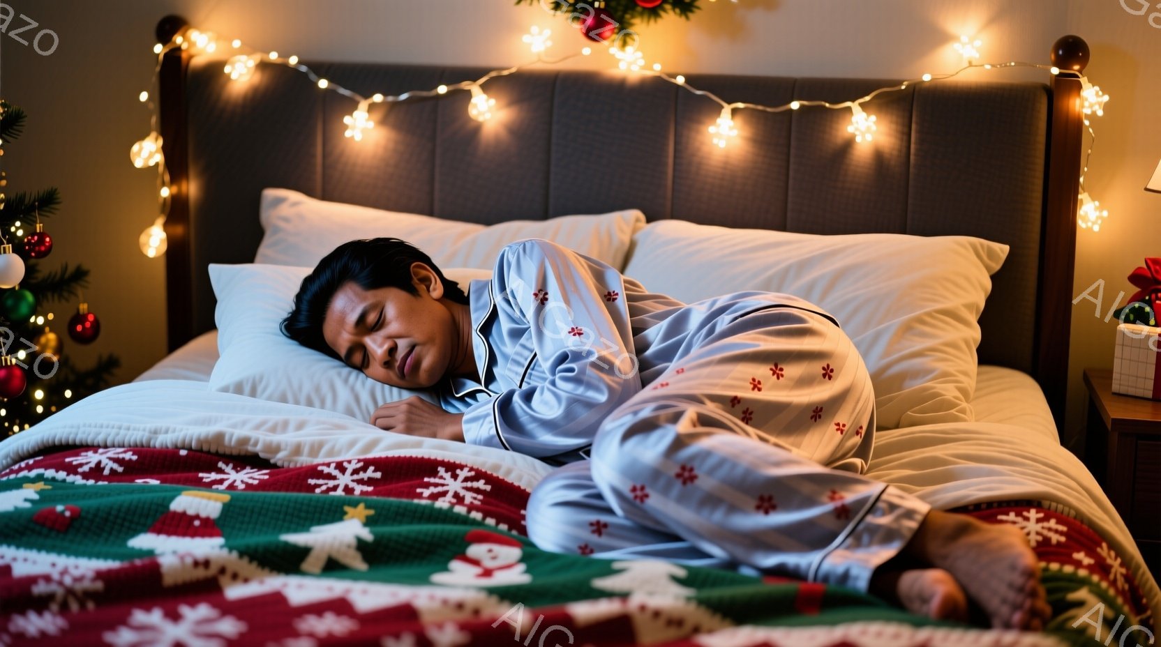 部屋のベッドの上で、若い男性がパジャマを着て横たわって眠っている。パジャマは白地に赤い花柄が描かれており、髪は短く整えられている。背景にはクリスマスツリーと電飾が見え、全体的に温かく、リラックスした雰 - AI生成フリー素材