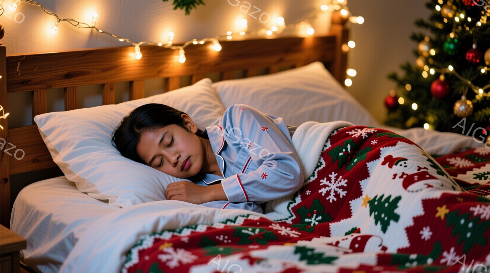 幼い少女がベッドで眠っており、白いパジャマを着ています。ベッドには、サンタクロースや雪の結晶が描かれた赤い毛布がかけられています。背景にはクリスマスツリーがぼやけて見え、温かい光が部屋全体を照らしており、クリスマスの穏やかな雰囲気が漂っています。