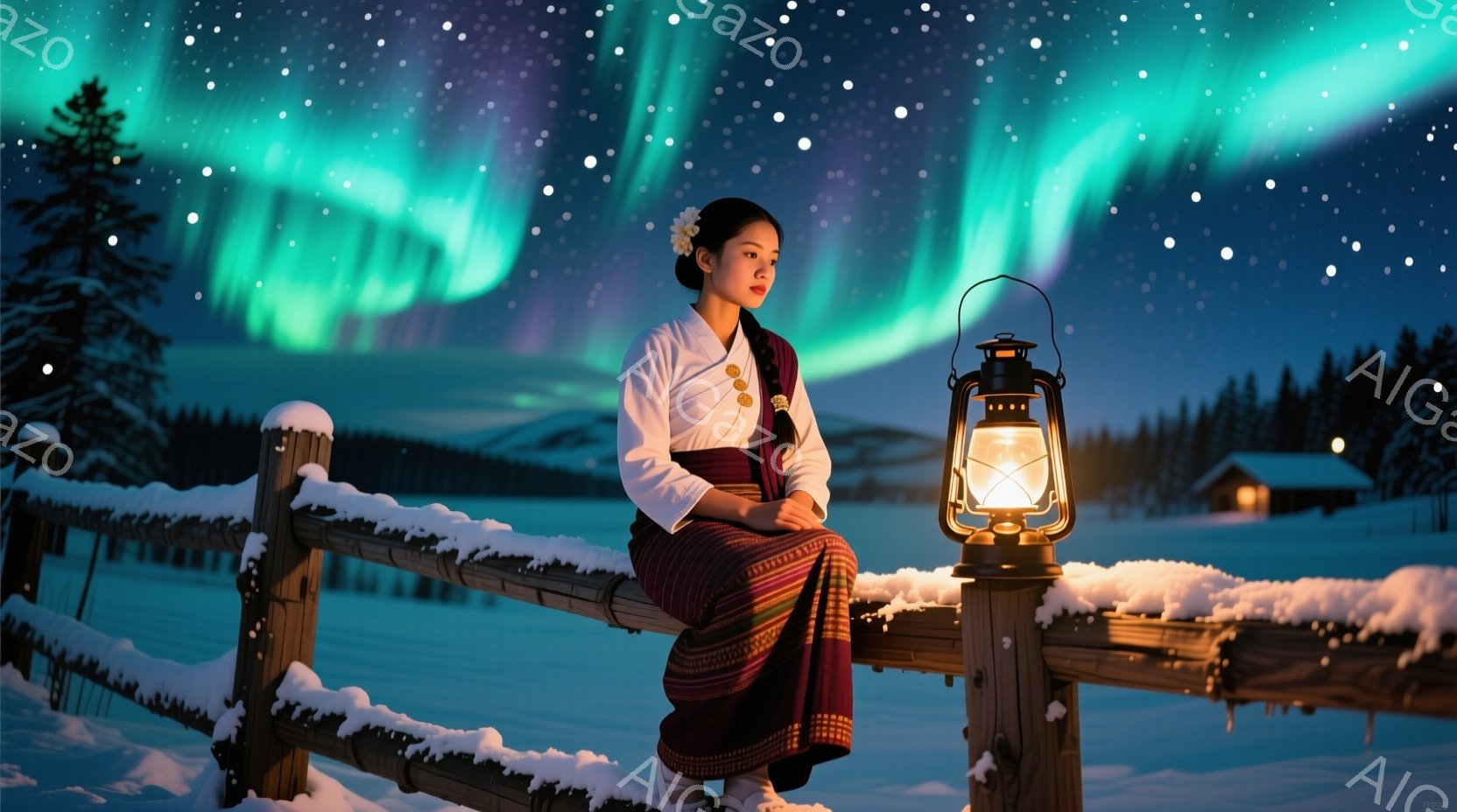 雪に覆われた風景の中に、民族衣装を着た女性が柵に腰掛けている。彼女は明るい色のトップスと、赤と黒の幾何学模様が施された長いスカートを身に着け、髪は後ろでまとめられている。背景には、暖かく光るランタンと、雪に覆われた木々、そしてオーロラが輝く夜空が広がり、静かで幻想的な雰囲気を醸し出している。