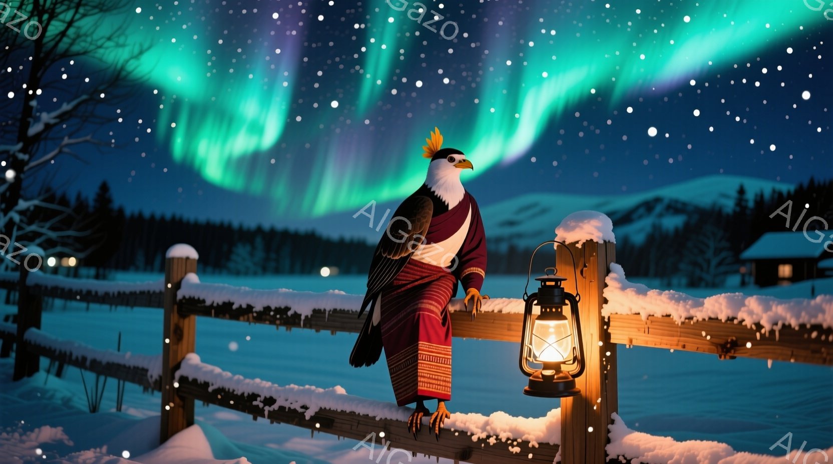 雪に覆われた風景の中に、ローブとベストを身に着けた鳥が柵の上にとまっています。鳥は鋭い眼差しで何かを見つめており、その姿は堂々としています。背景には、雪化粧した木々と、遠くに見える暖かい光を灯した家々が広がり、オーロラが夜空を彩る幻想的な雰囲気が漂っています。